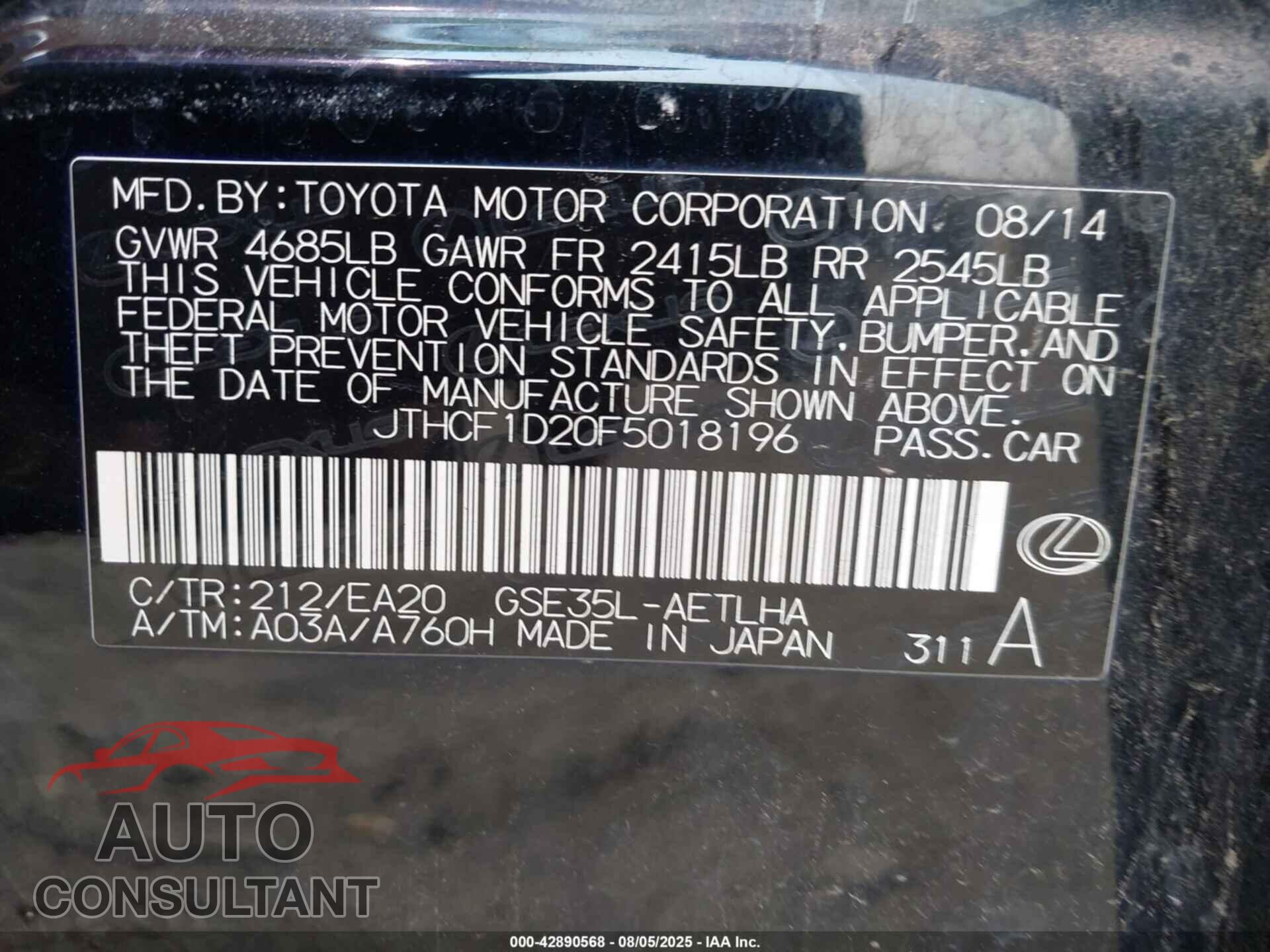 LEXUS IS 250 2015 - JTHCF1D20F5018196
