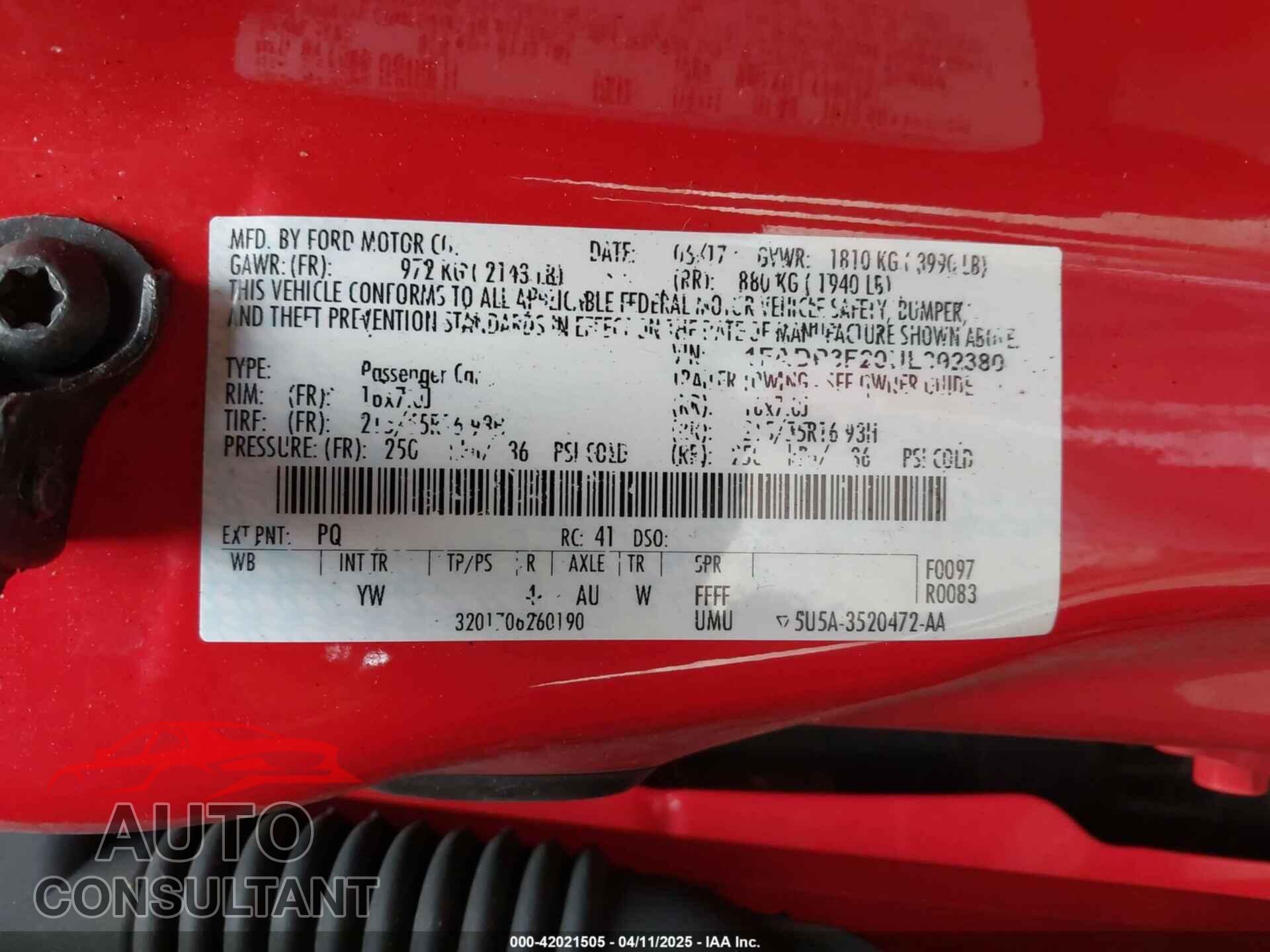 FORD FOCUS 2017 - 1FADP3F20HL302380