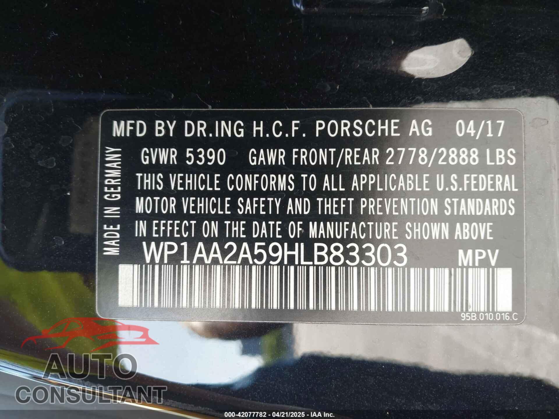 PORSCHE MACAN 2017 - WP1AA2A59HLB83303