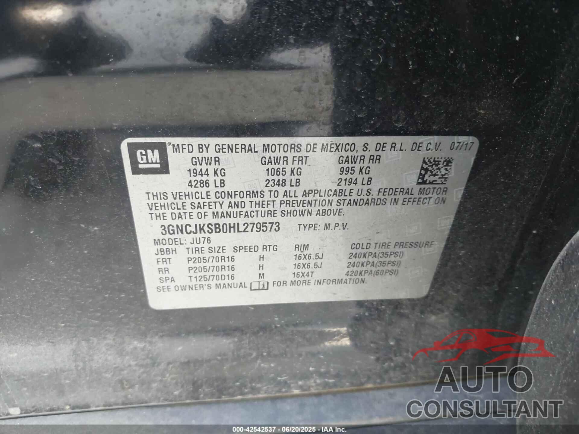 CHEVROLET TRAX 2017 - 3GNCJKSB0HL279573