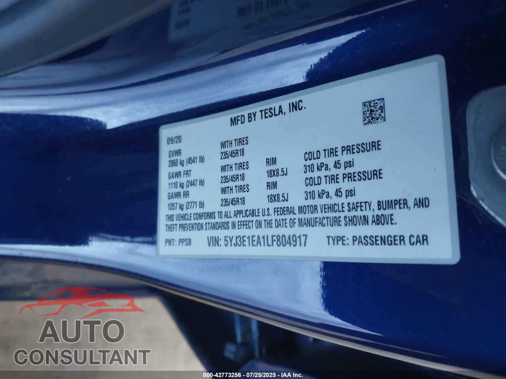 TESLA MODEL 3 2020 - 5YJ3E1EA1LF804917