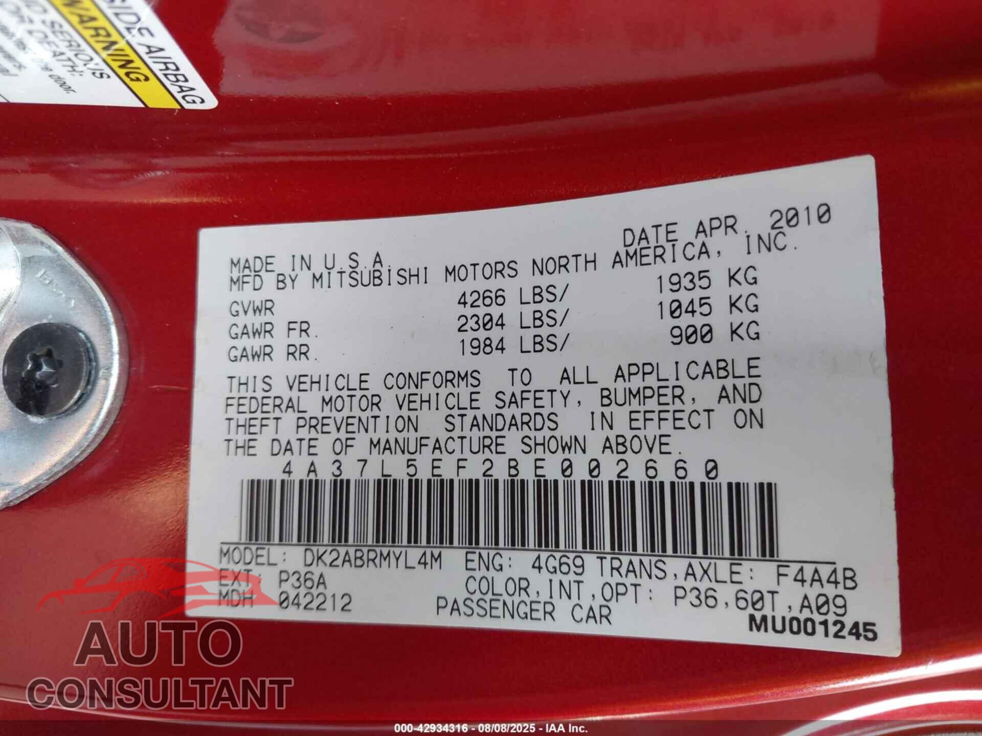 MITSUBISHI ECLIPSE SPYDER 2011 - 4A37L5EF2BE002660