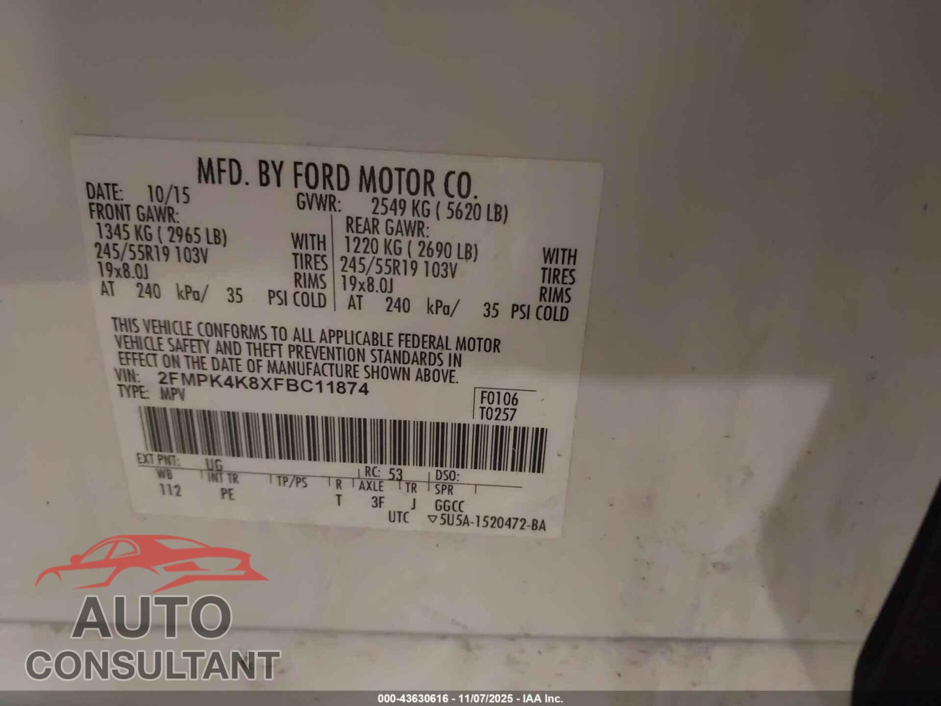 FORD EDGE 2015 - 2FMPK4K8XFBC11874
