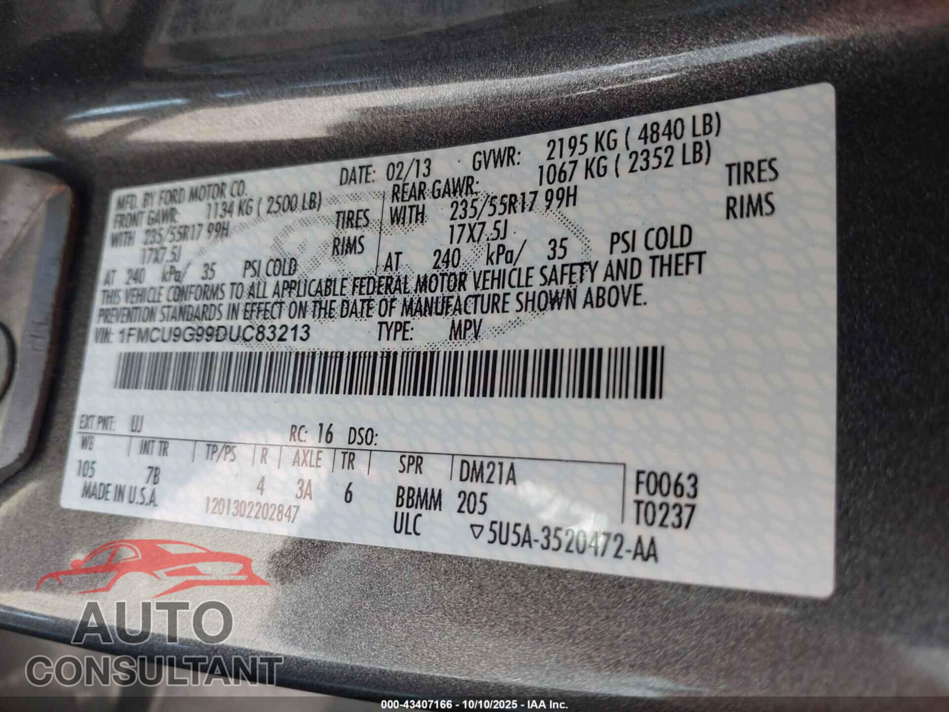 FORD ESCAPE 2013 - 1FMCU9G99DUC83213