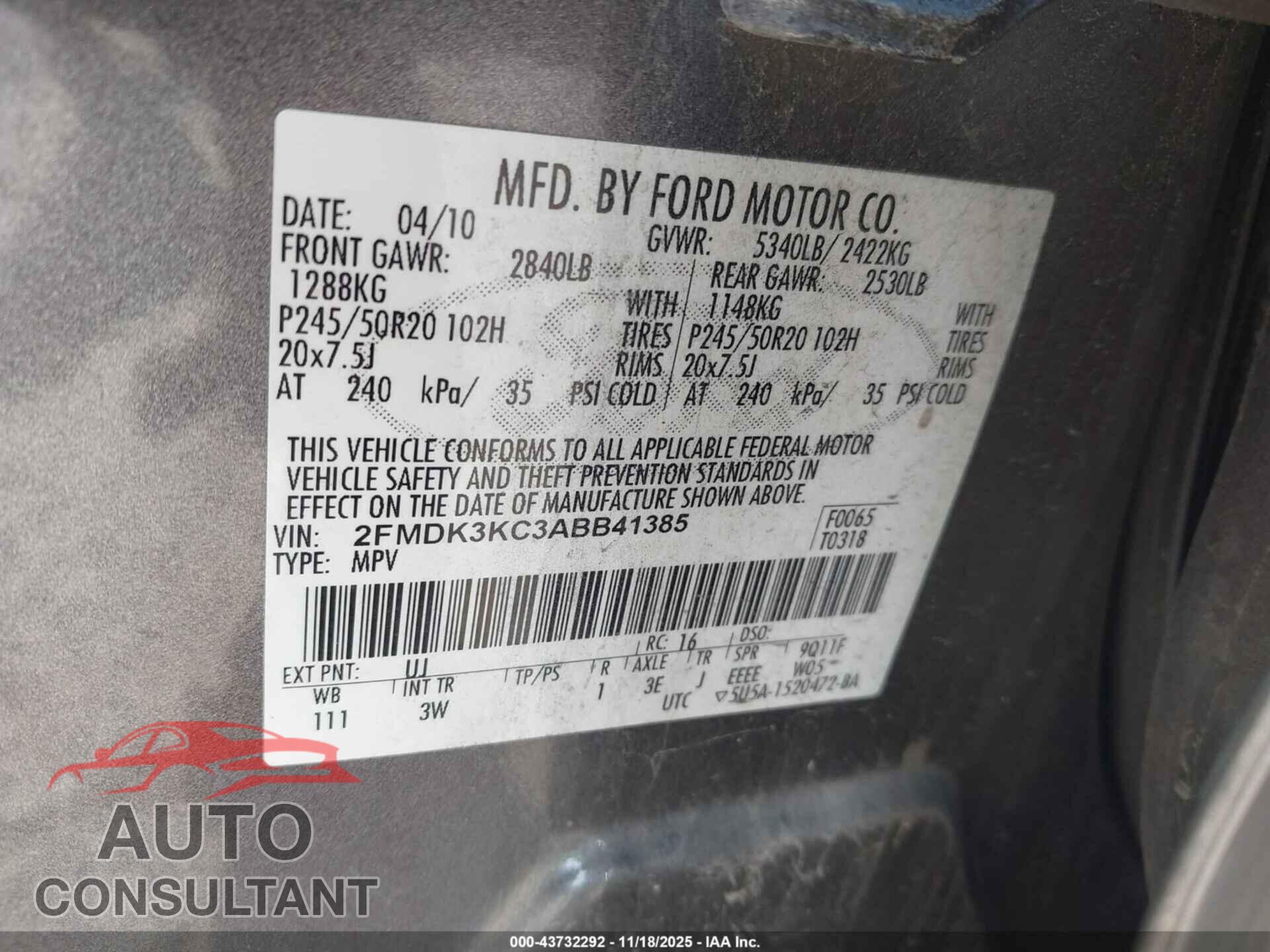 FORD EDGE 2010 - 2FMDK3KC3ABB41385