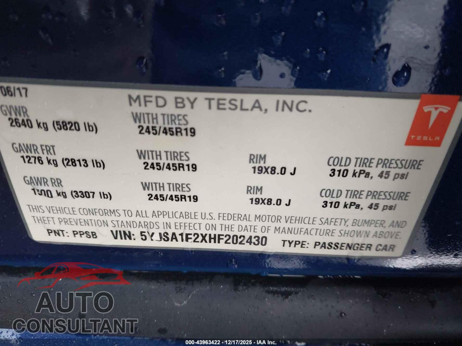 TESLA MODEL S 2017 - 5YJSA1E2XHF202430