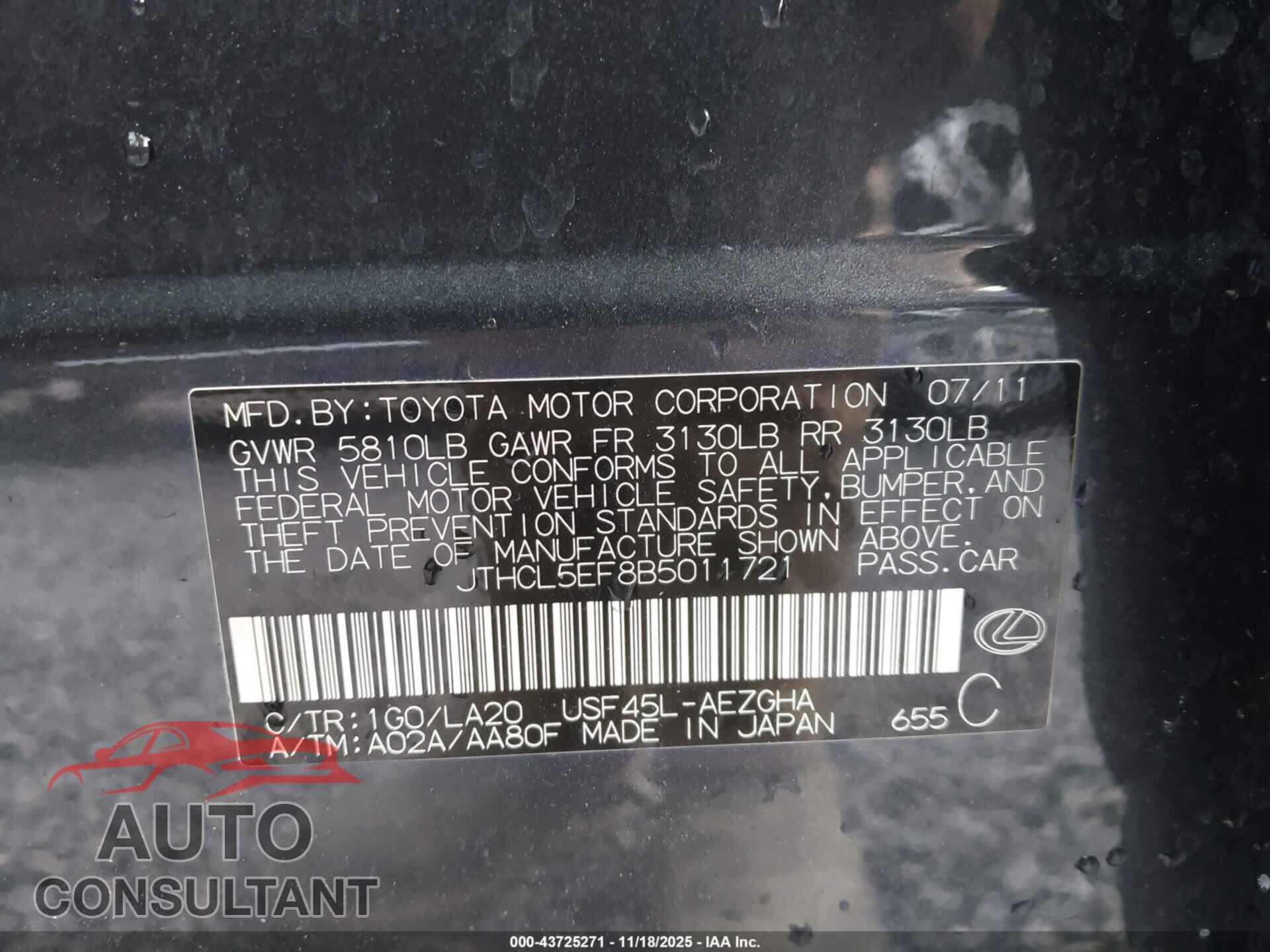 LEXUS LS 460 2011 - JTHCL5EF8B5011721
