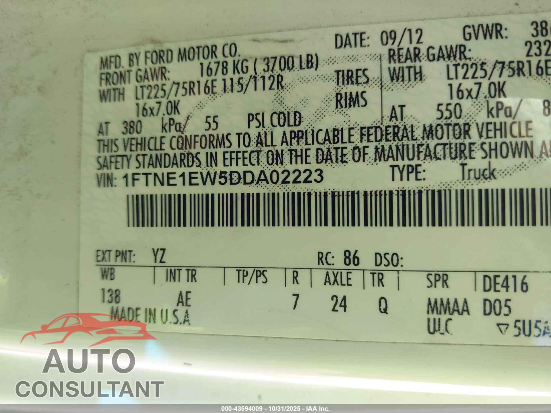 FORD E-150 2013 - 1FTNE1EW5DDA02223