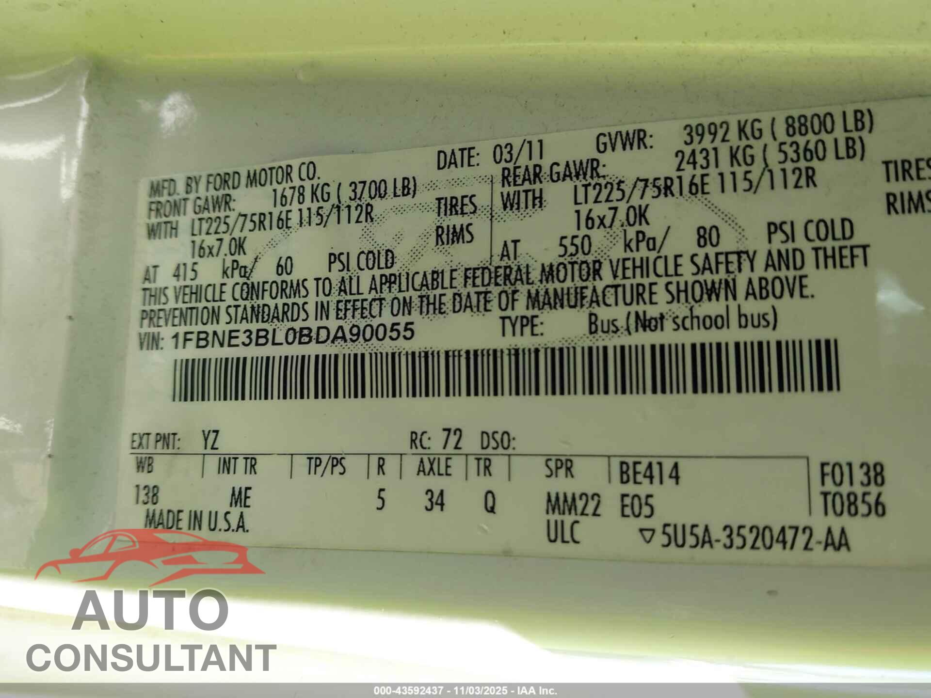 FORD E-350 SUPER DUTY 2011 - 1FBNE3BL0BDA90055