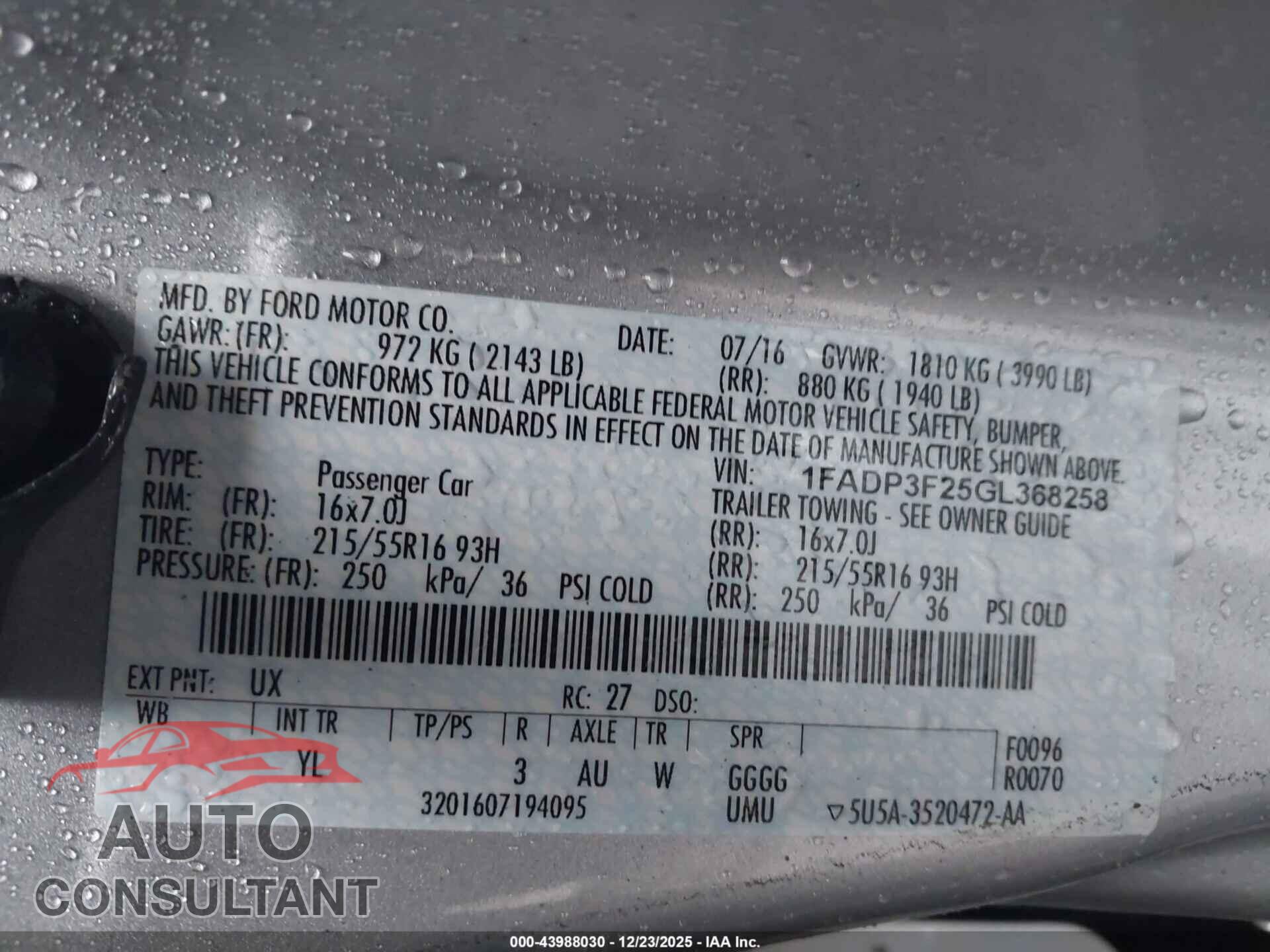 FORD FOCUS 2016 - 1FADP3F25GL368258