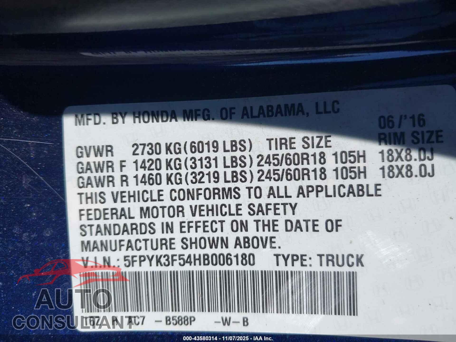 HONDA RIDGELINE 2017 - 5FPYK3F54HB006180