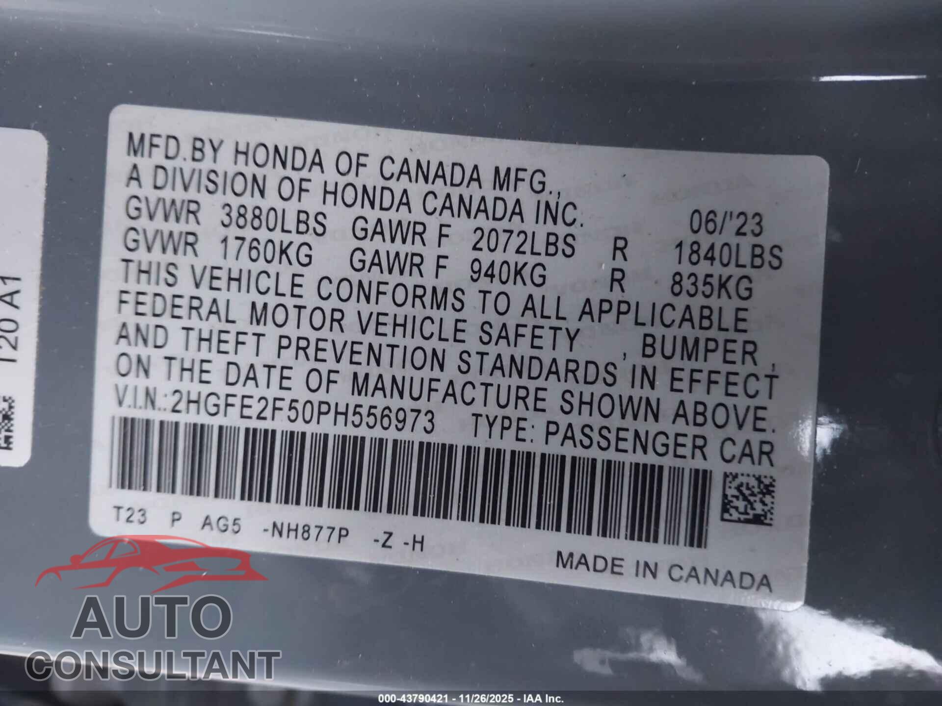 HONDA CIVIC 2023 - 2HGFE2F50PH556973