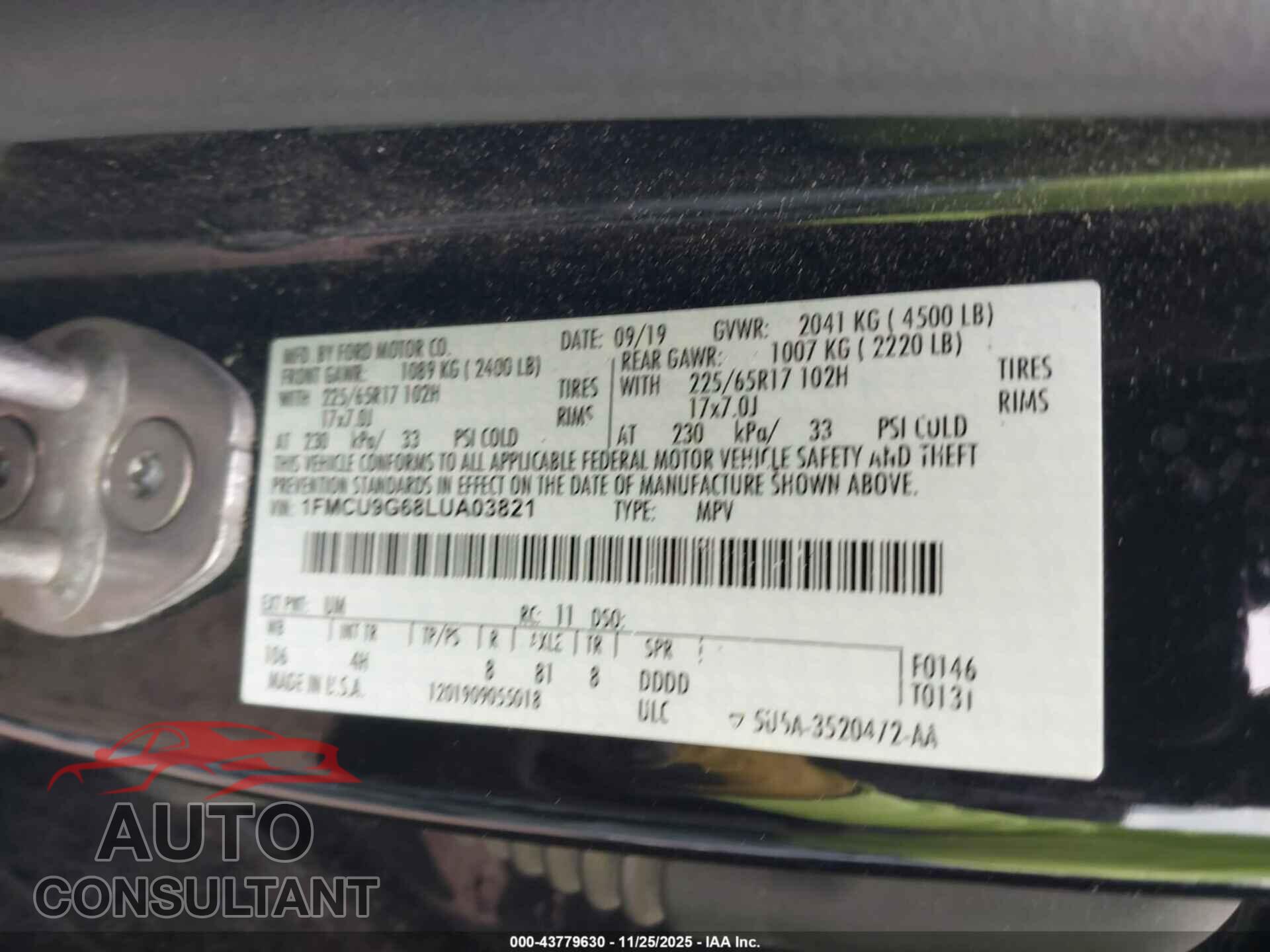 FORD ESCAPE 2020 - 1FMCU9G68LUA03821