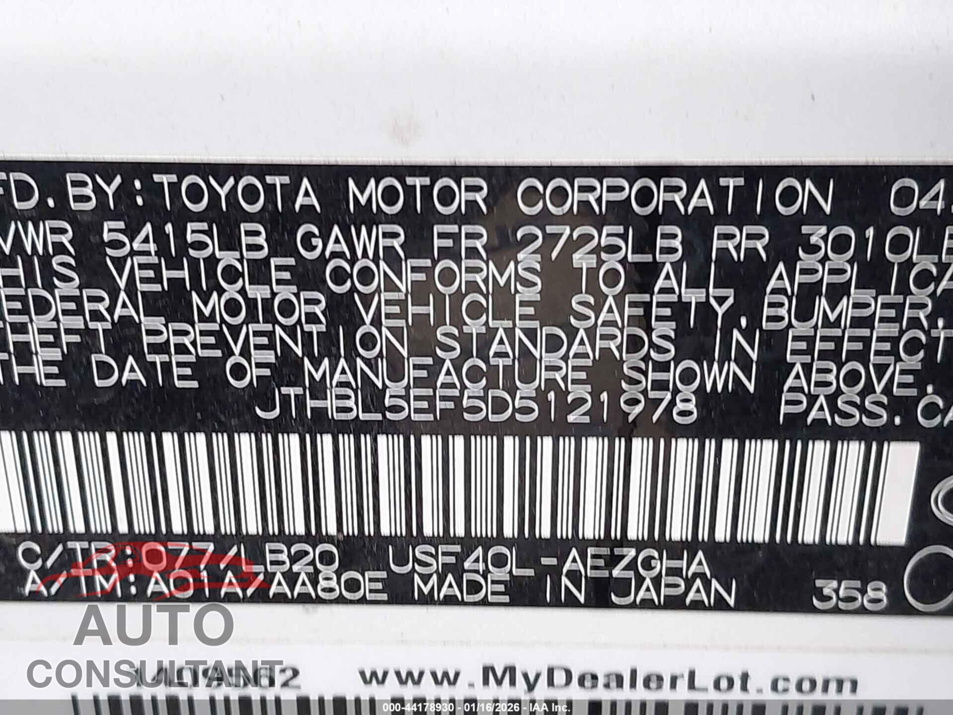 LEXUS LS 460 2013 - JTHBL5EF5D5121978
