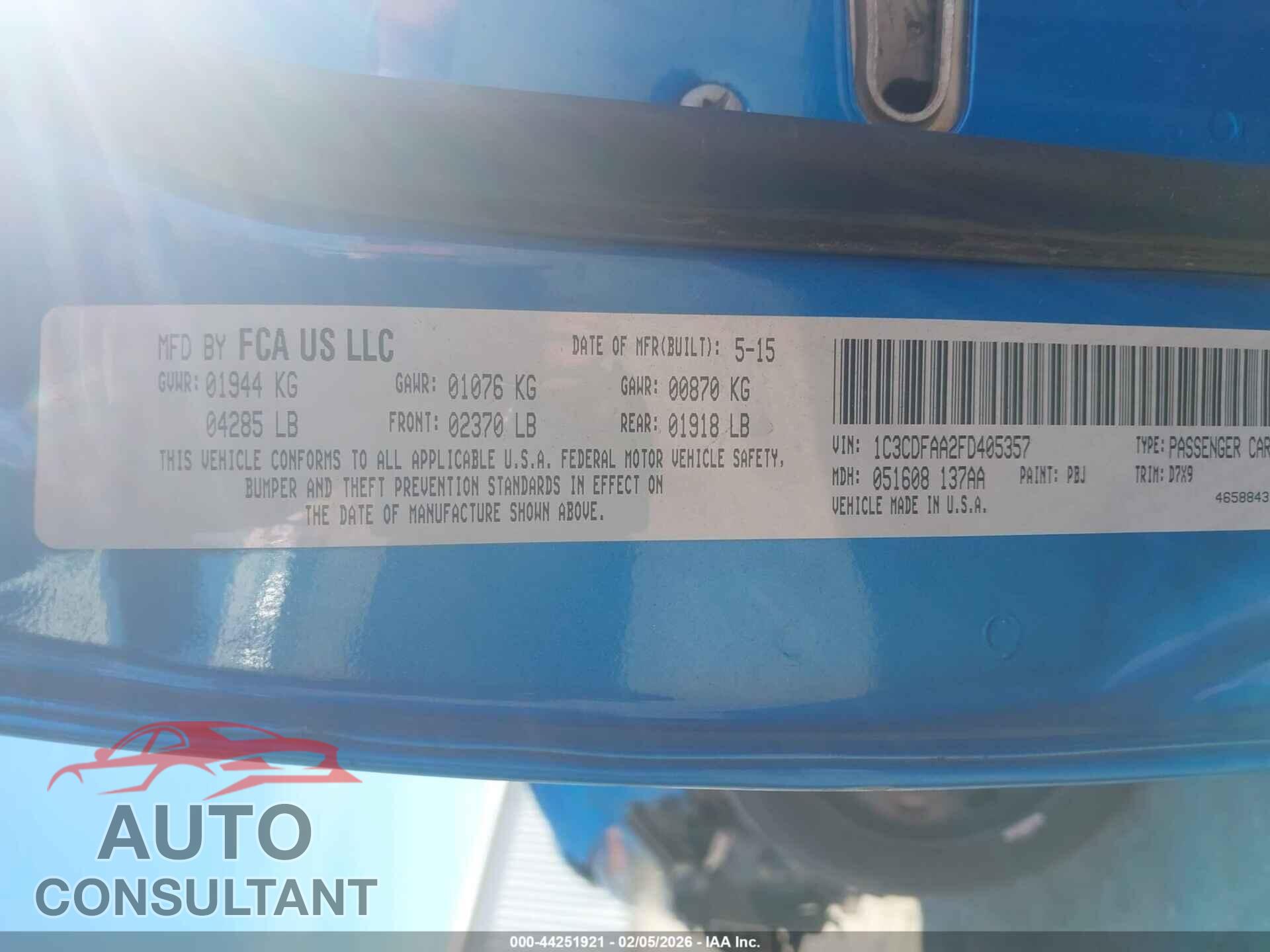 DODGE DART 2015 - 1C3CDFAA2FD405357