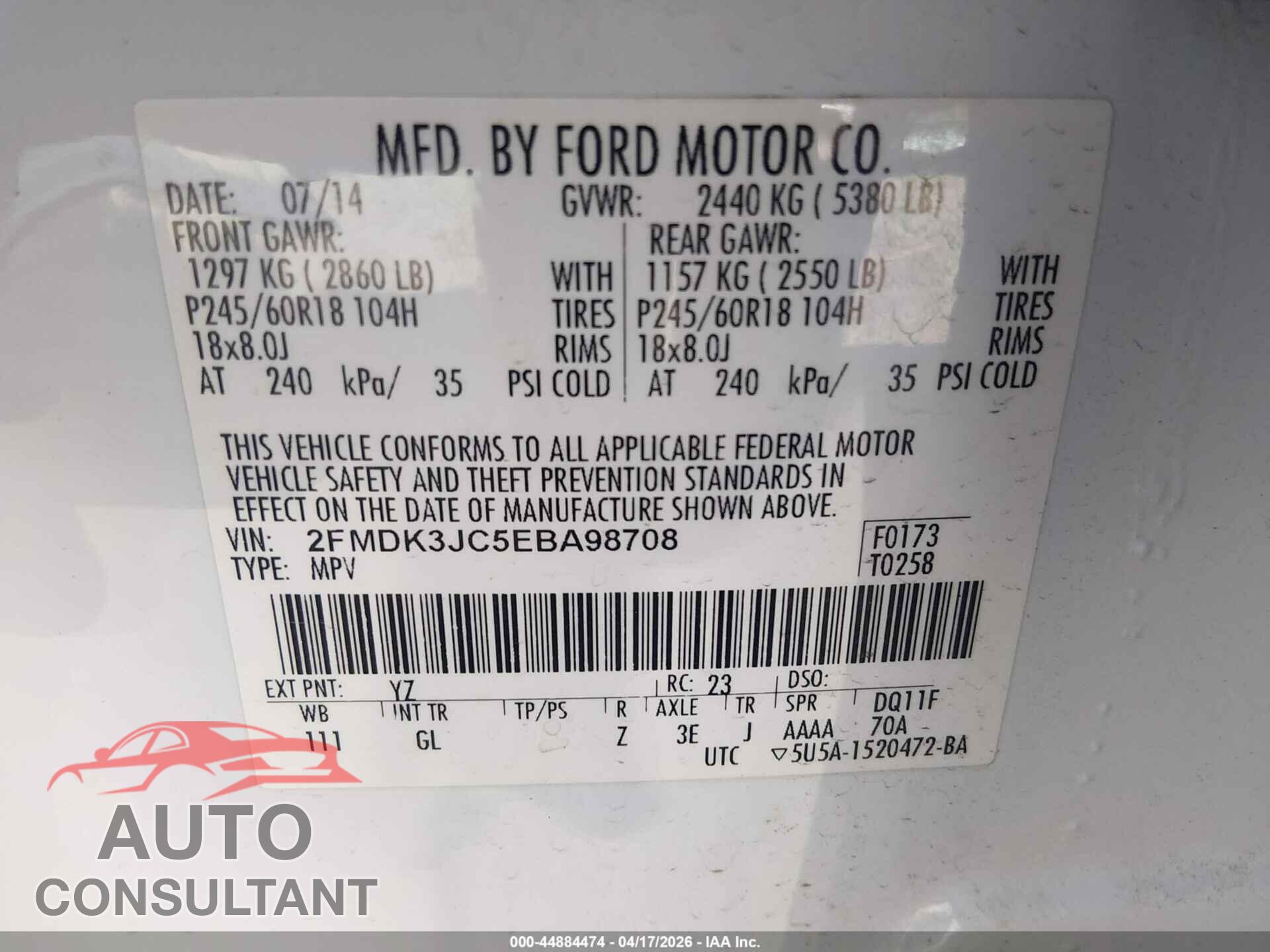 FORD EDGE 2014 - 2FMDK3JC5EBA98708