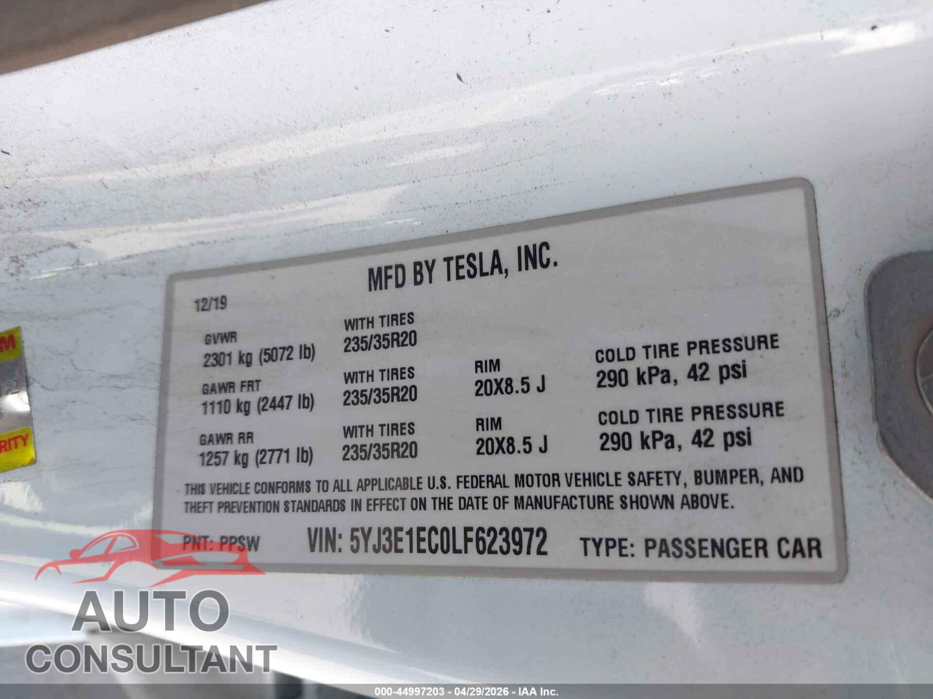 TESLA MODEL 3 2020 - 5YJ3E1EC0LF623972