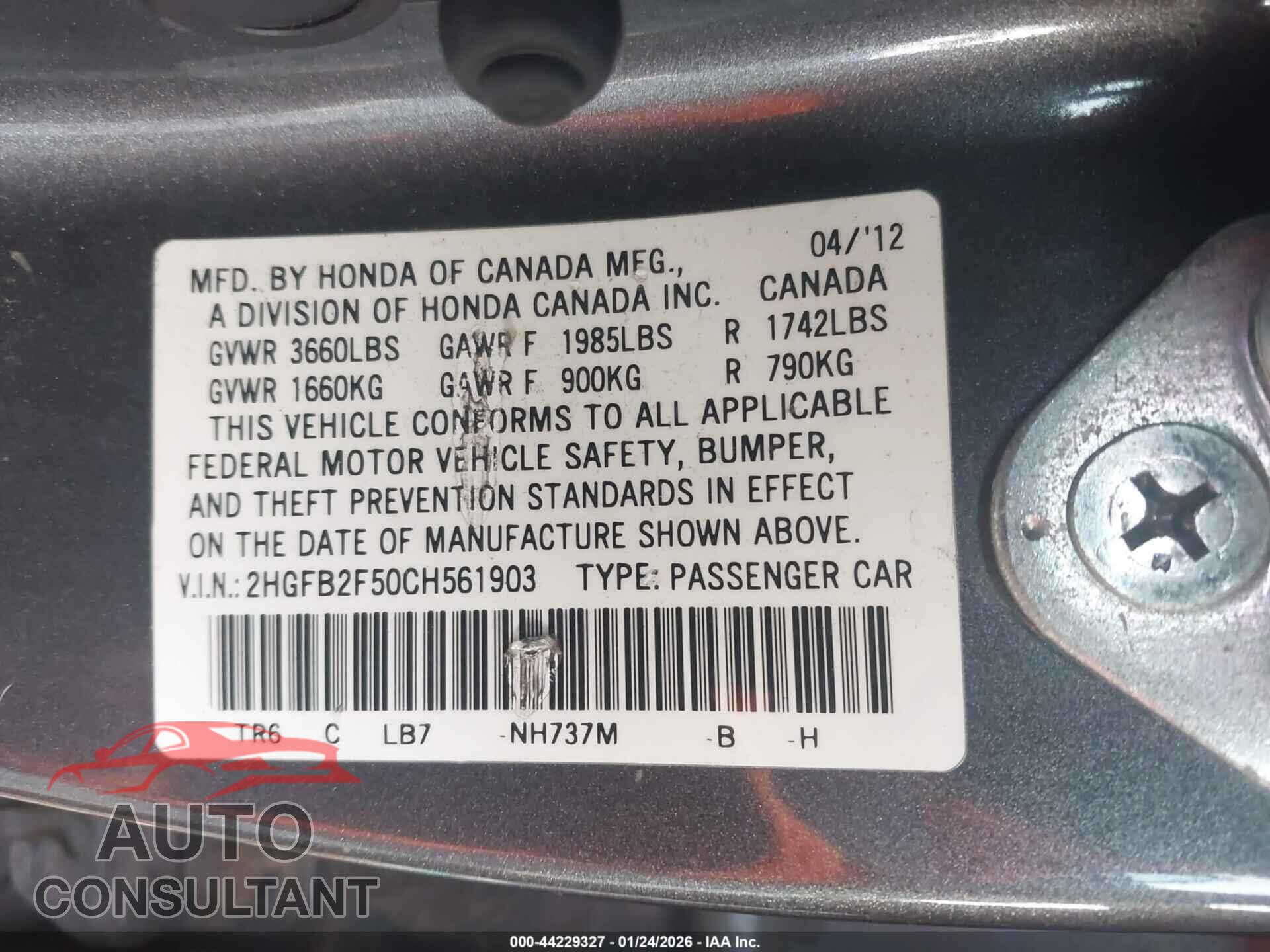 HONDA CIVIC 2012 - 2HGFB2F50CH561903