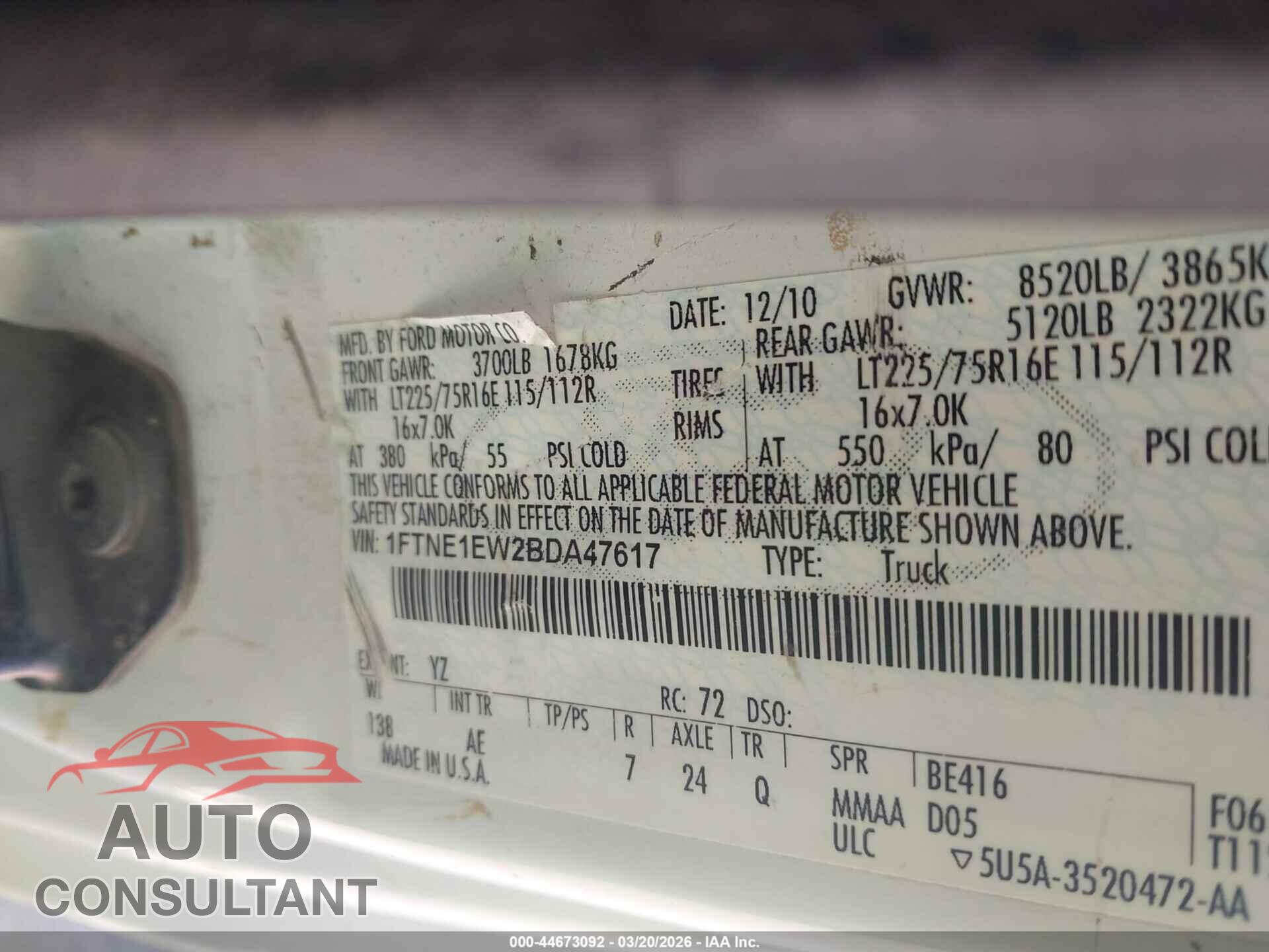 FORD E-150 2011 - 1FTNE1EW2BDA47617