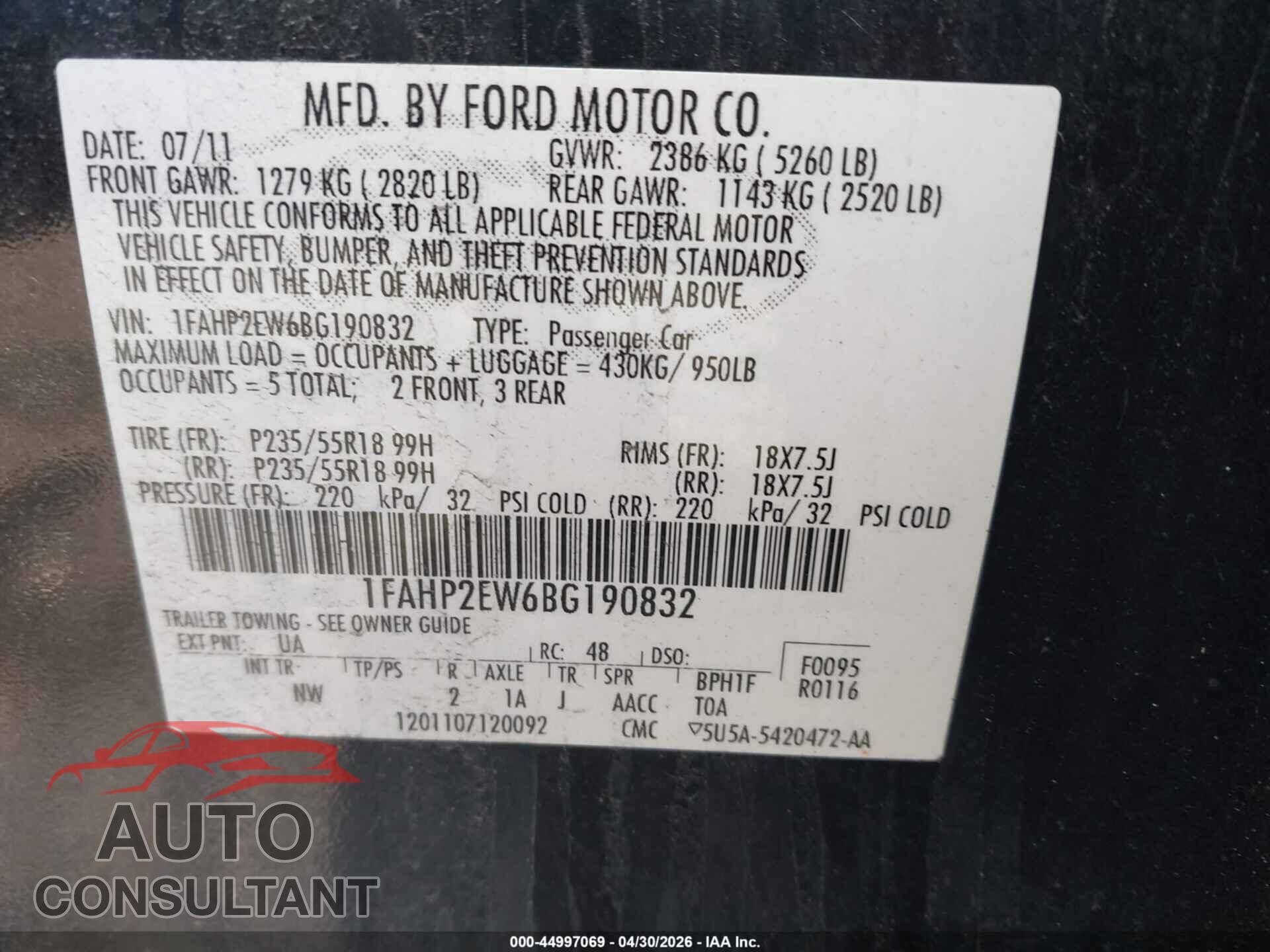 FORD TAURUS 2011 - 1FAHP2EW6BG190832