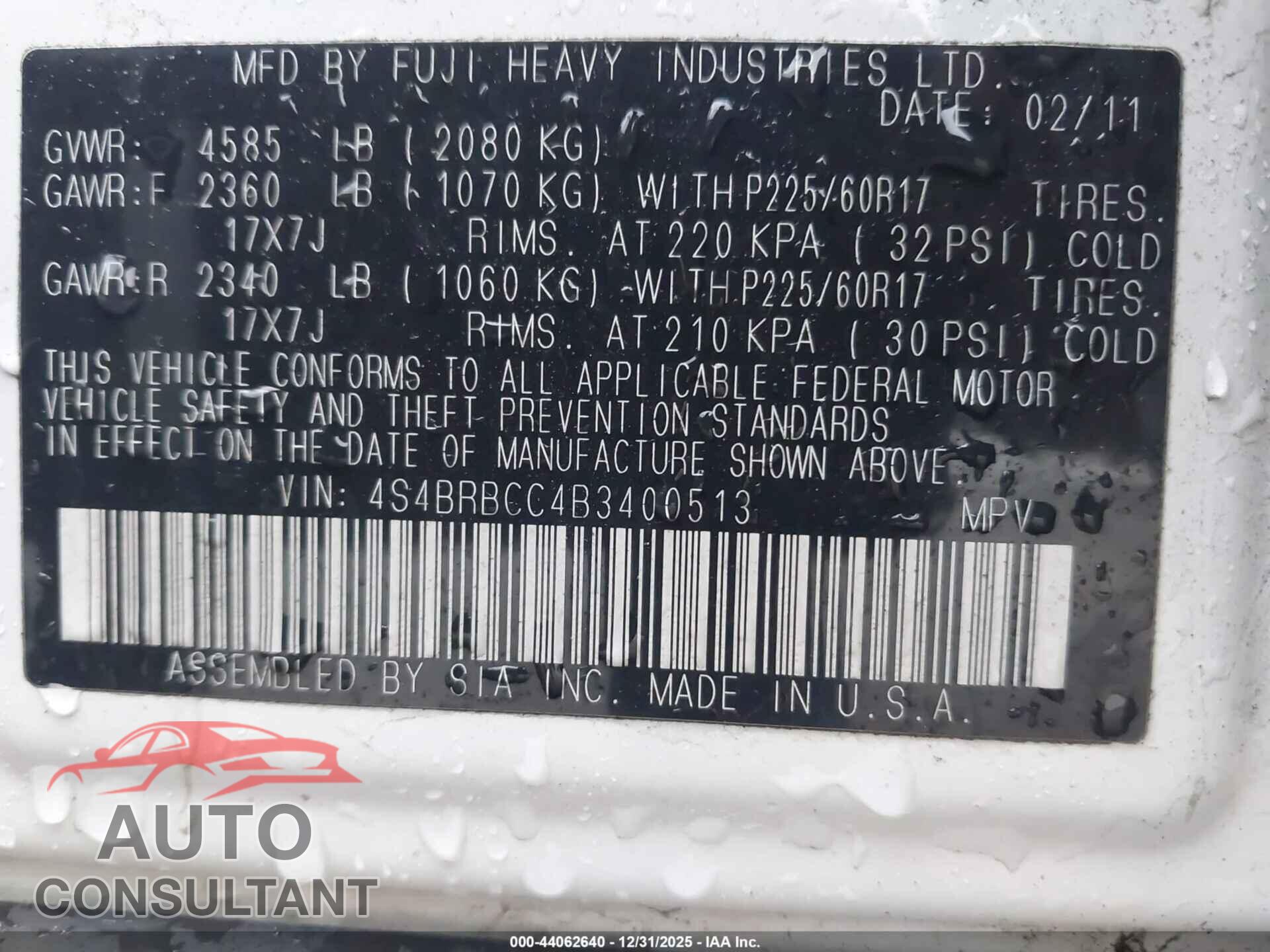 SUBARU OUTBACK 2011 - 4S4BRBCC4B3400513
