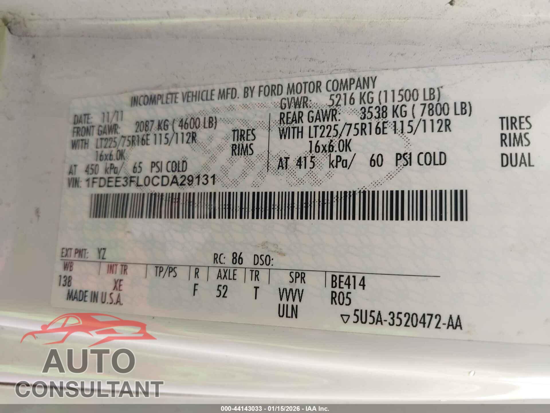FORD E-350 CUTAWAY 2012 - 1FDEE3FL0CDA29131