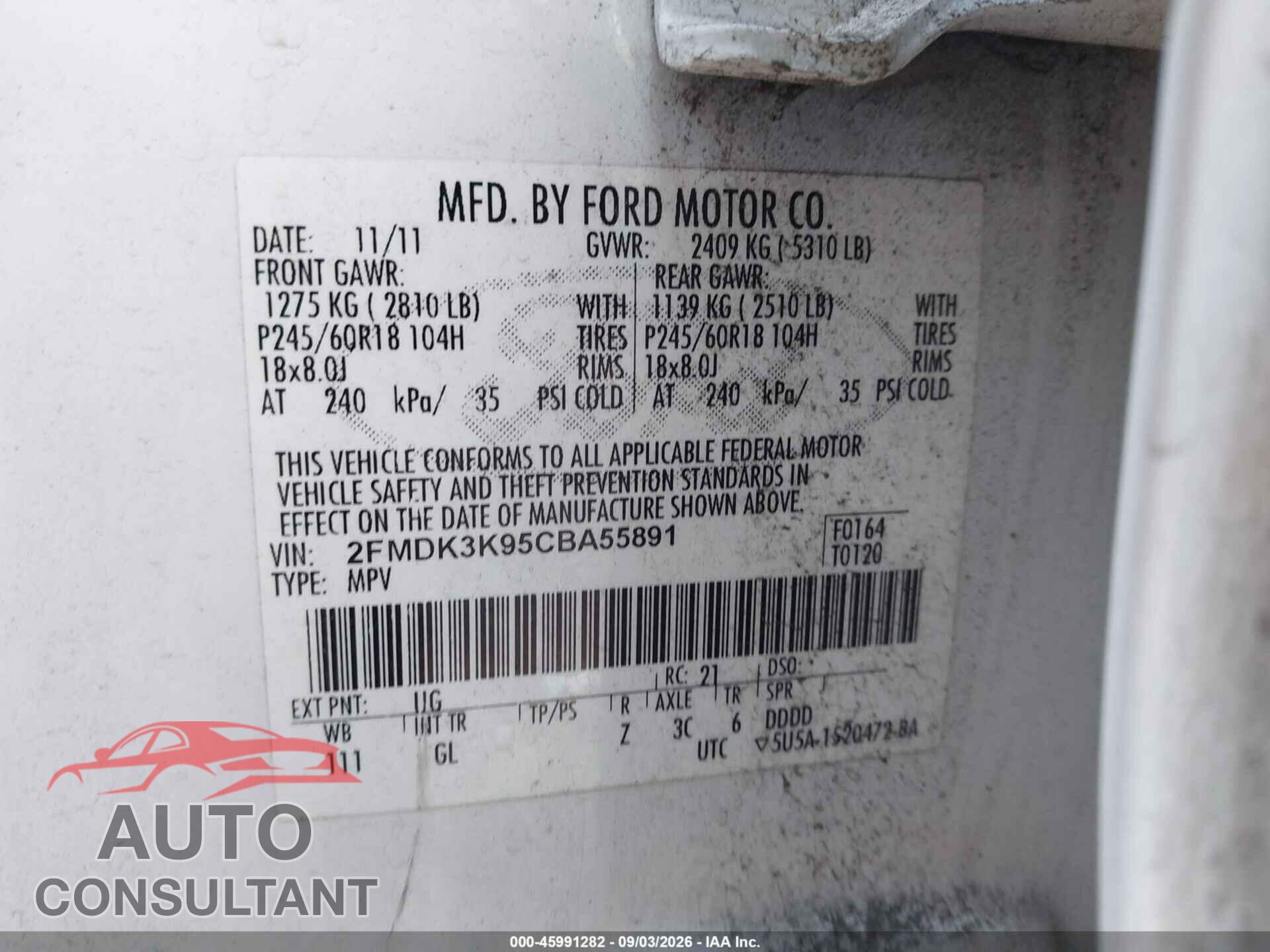 FORD EDGE 2012 - 2FMDK3K95CBA55891