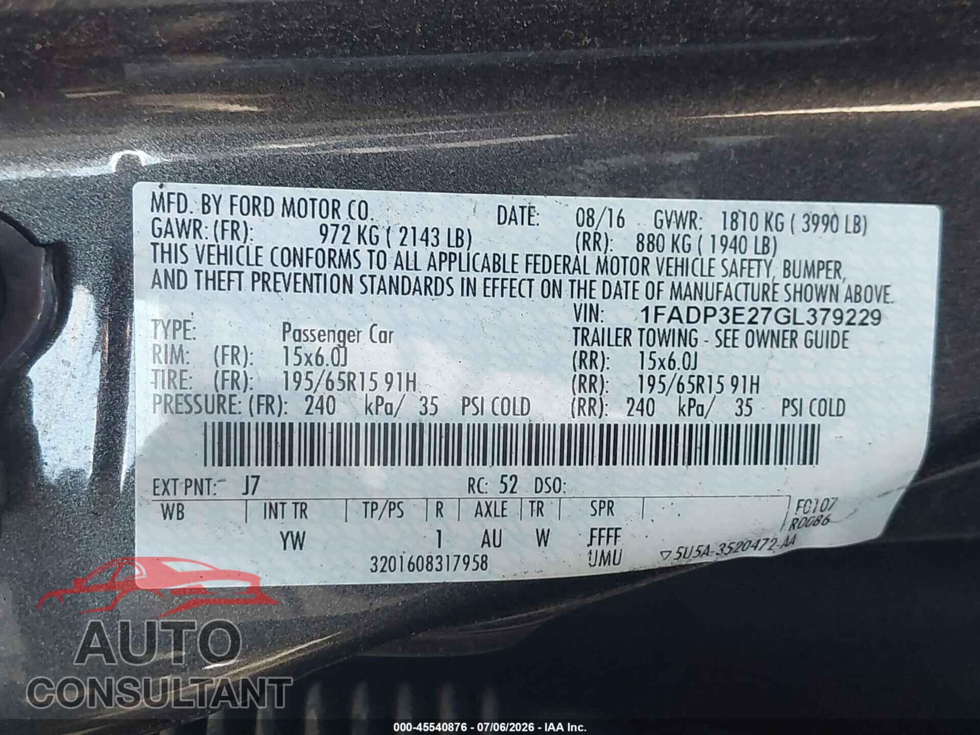 FORD FOCUS 2016 - 1FADP3E27GL379229