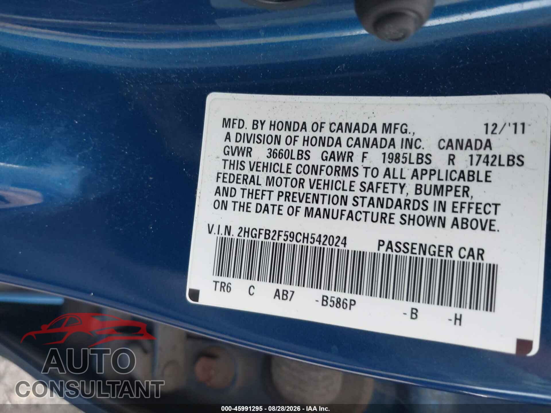 HONDA CIVIC 2012 - 2HGFB2F59CH542024