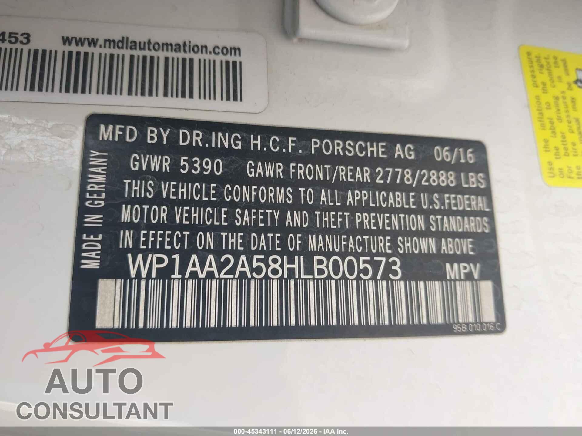 PORSCHE MACAN 2017 - WP1AA2A58HLB00573