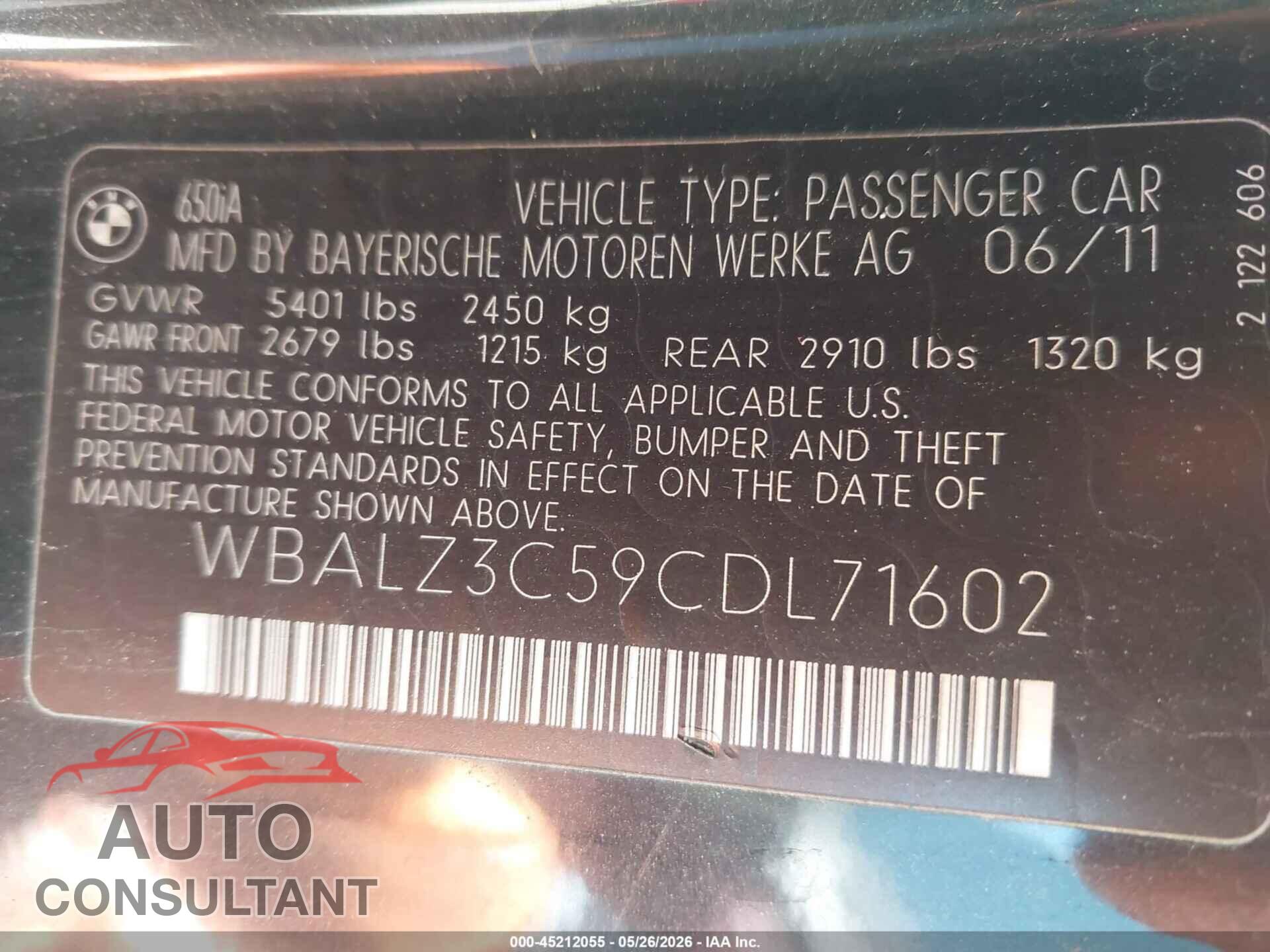 BMW 650I 2012 - WBALZ3C59CDL71602