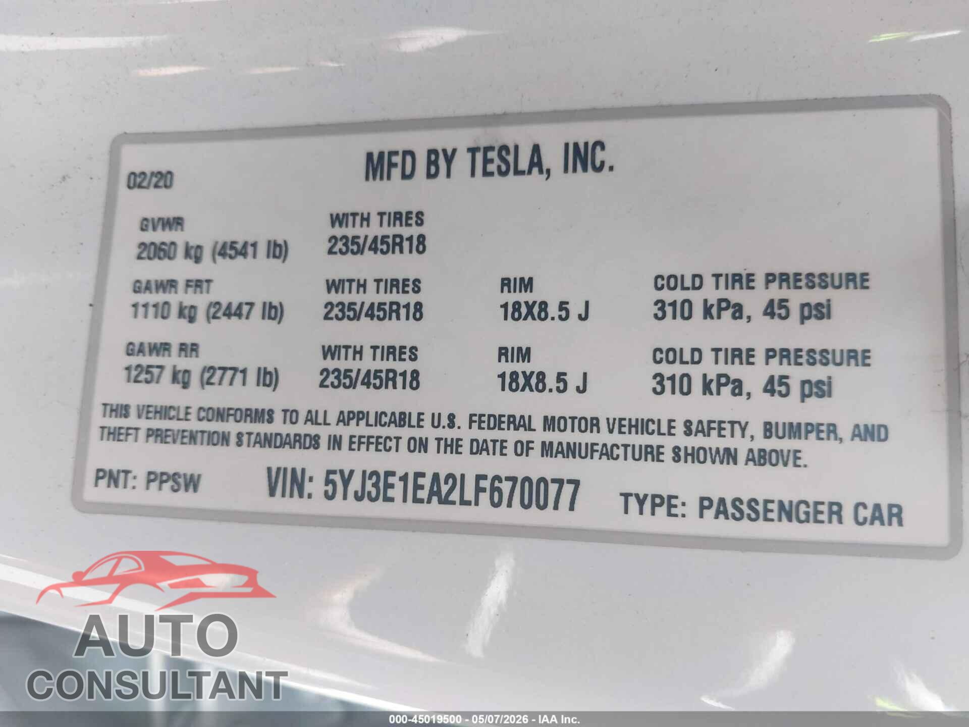 TESLA MODEL 3 2020 - 5YJ3E1EA2LF670077