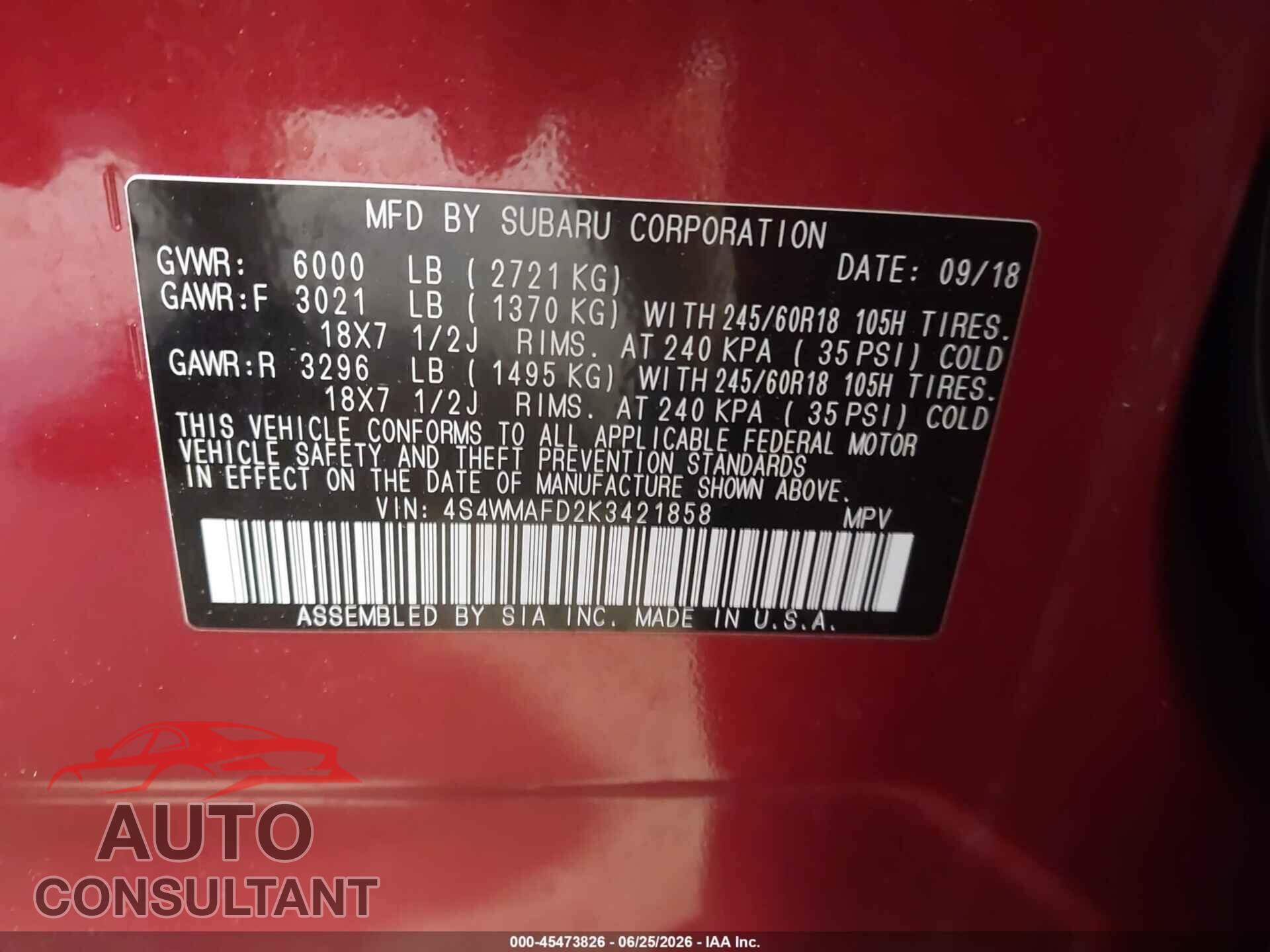 SUBARU ASCENT 2019 - 4S4WMAFD2K3421858