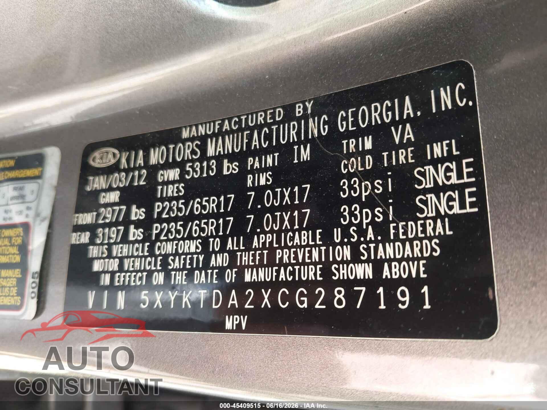 KIA SORENTO 2012 - 5XYKTDA2XCG287191