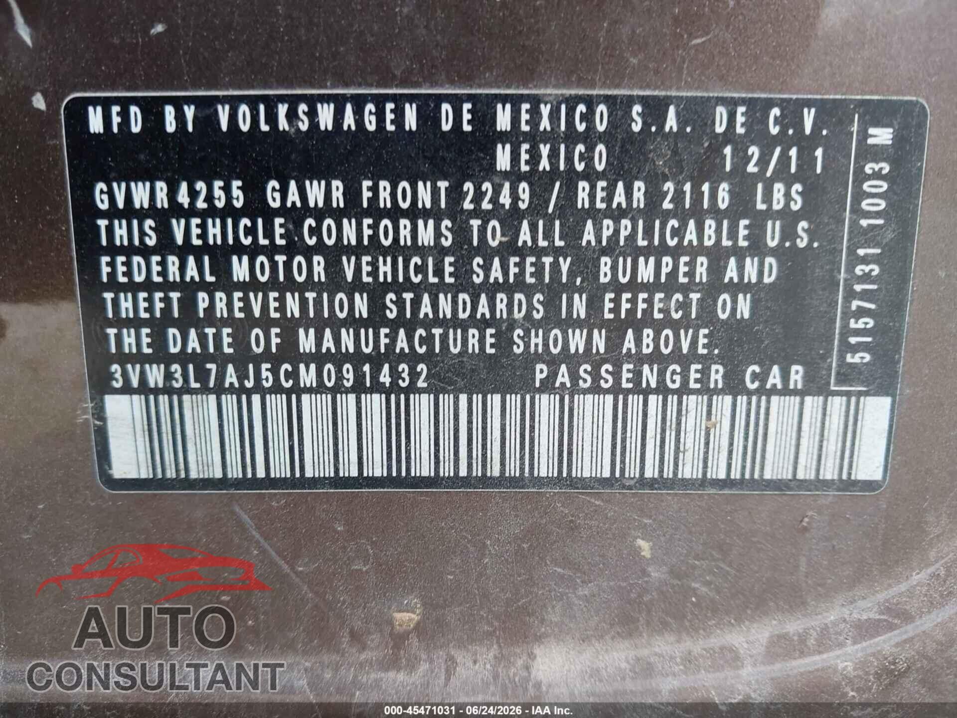 VOLKSWAGEN JETTA 2012 - 3VW3L7AJ5CM091432
