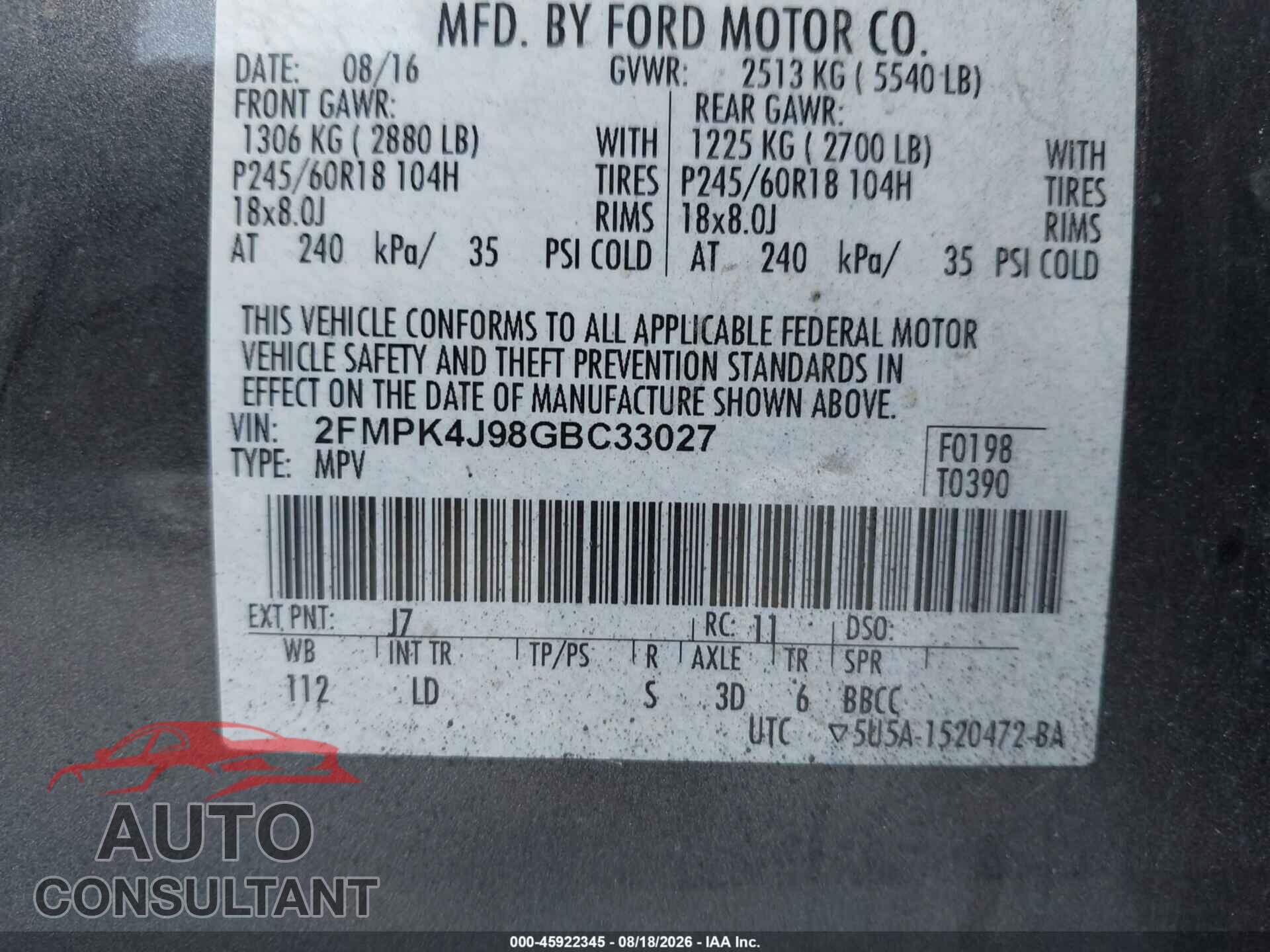 FORD EDGE 2016 - 2FMPK4J98GBC33027