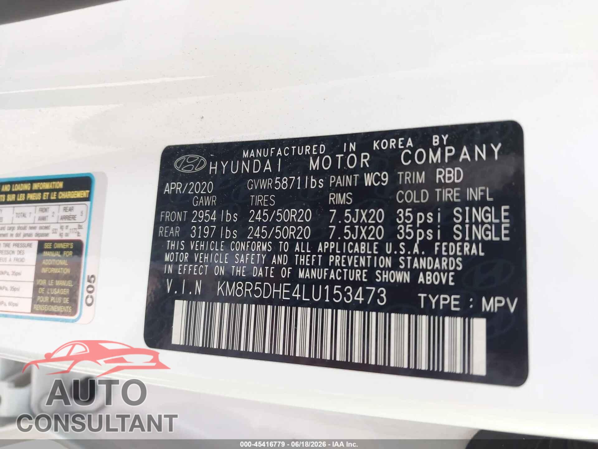 HYUNDAI PALISADE 2020 - KM8R5DHE4LU153473