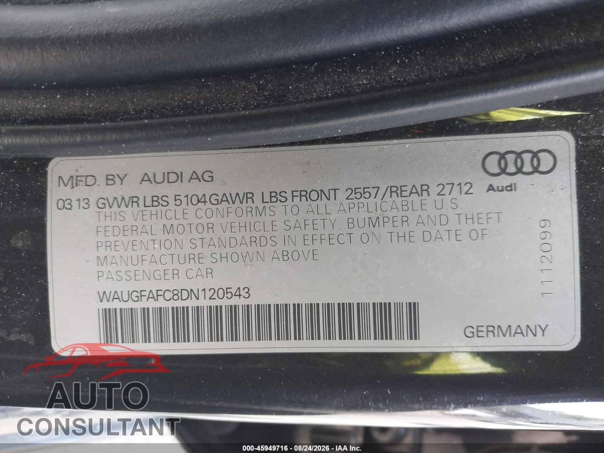 AUDI A6 2013 - WAUGFAFC8DN120543