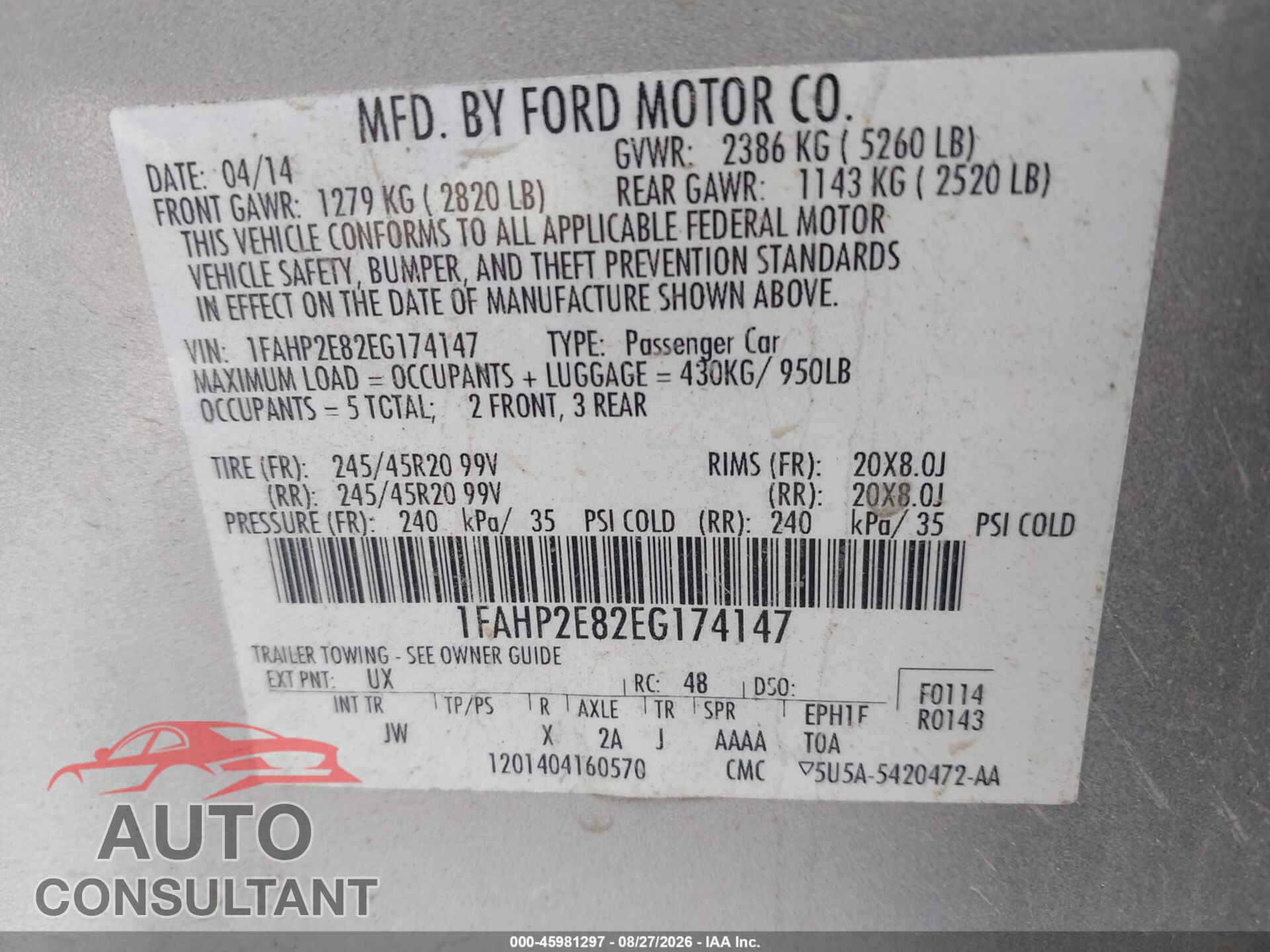 FORD TAURUS 2014 - 1FAHP2E82EG174147