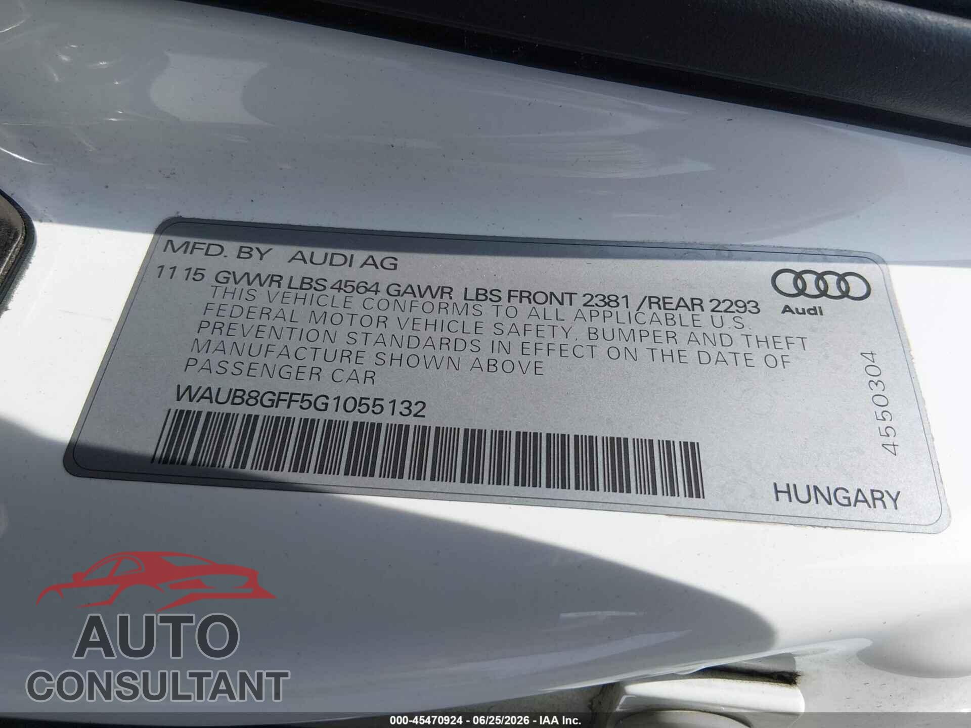 AUDI A3 2016 - WAUB8GFF5G1055132