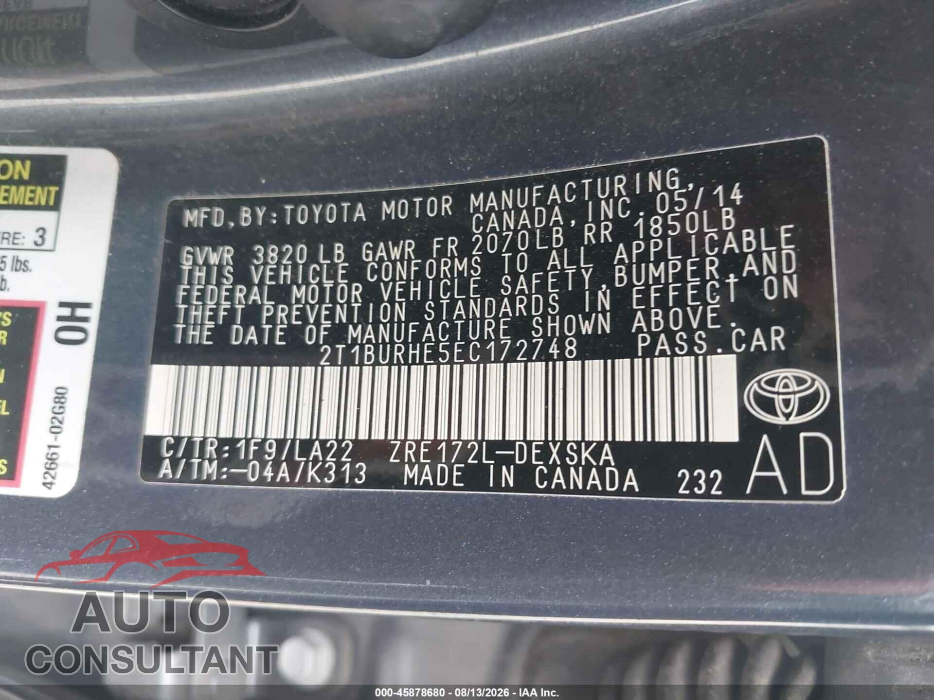 TOYOTA COROLLA 2014 - 2T1BURHE5EC172748
