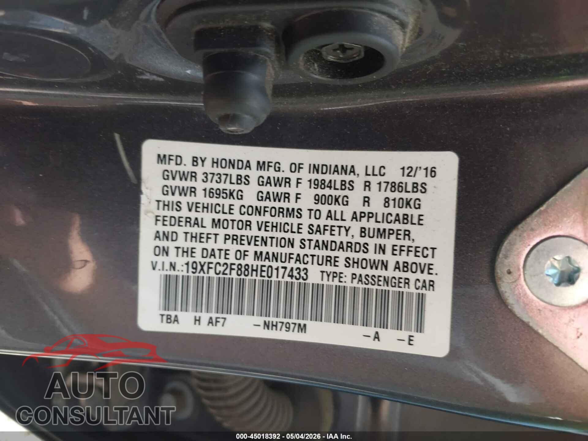 HONDA CIVIC 2017 - 19XFC2F88HE017433