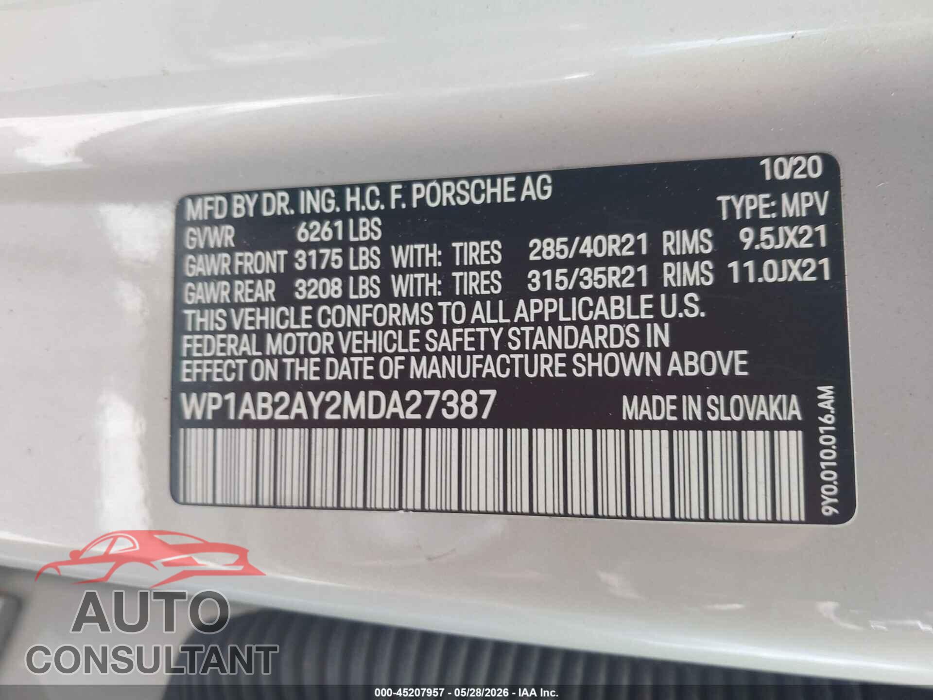PORSCHE CAYENNE 2021 - WP1AB2AY2MDA27387
