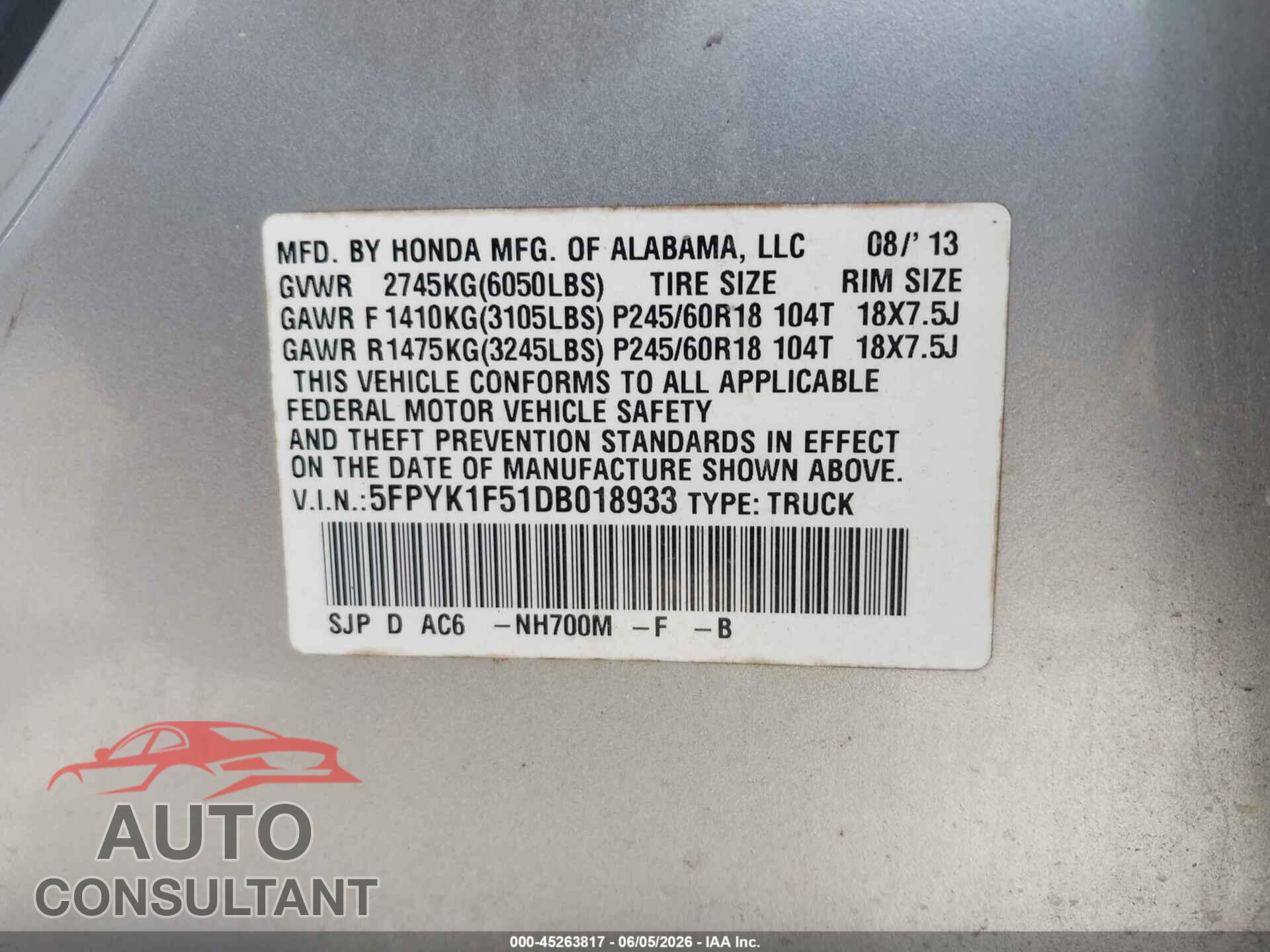 HONDA RIDGELINE 2013 - 5FPYK1F51DB018933