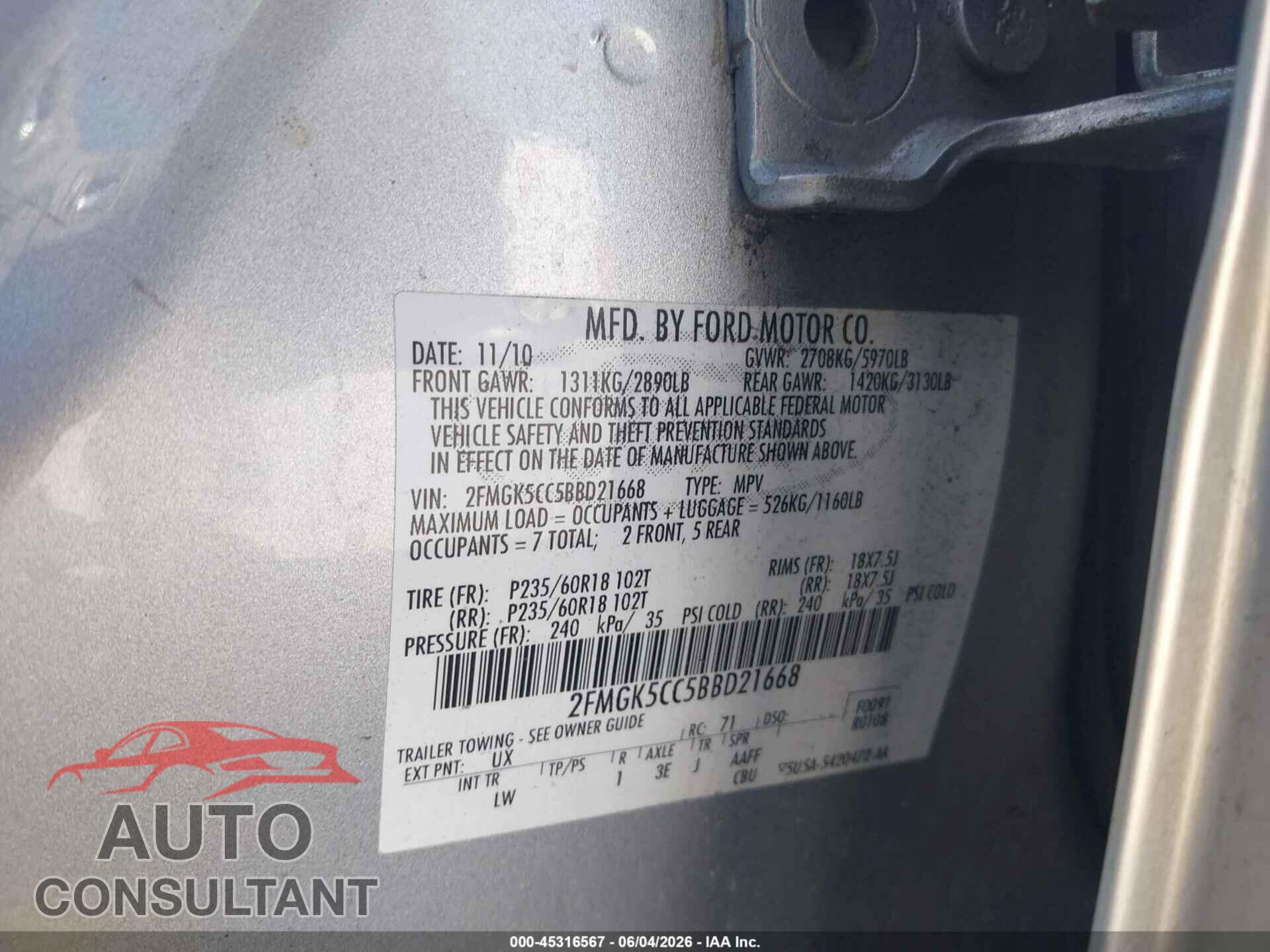 FORD FLEX 2011 - 2FMGK5CC5BBD21668
