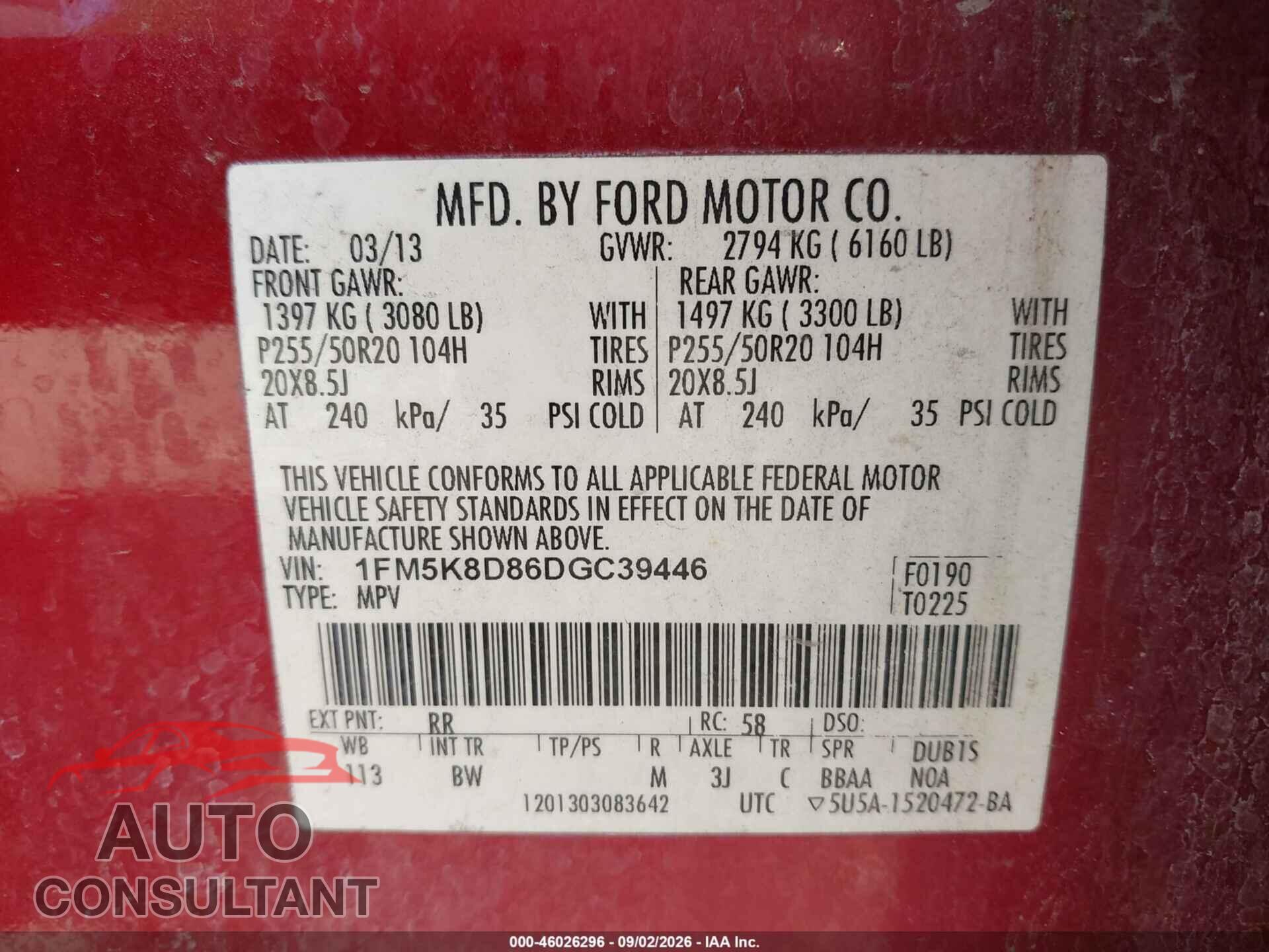 FORD EXPLORER 2013 - 1FM5K8D86DGC39446