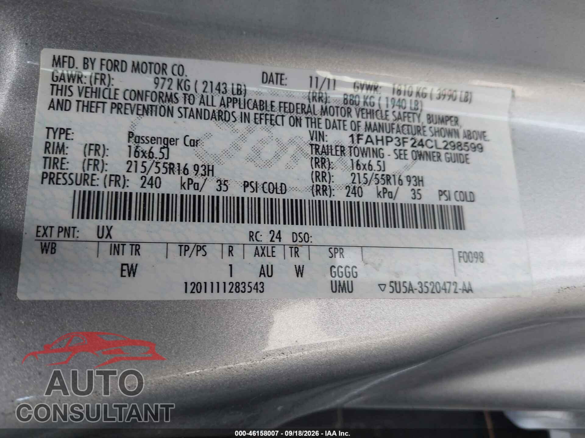 FORD FOCUS 2012 - 1FAHP3F24CL298599