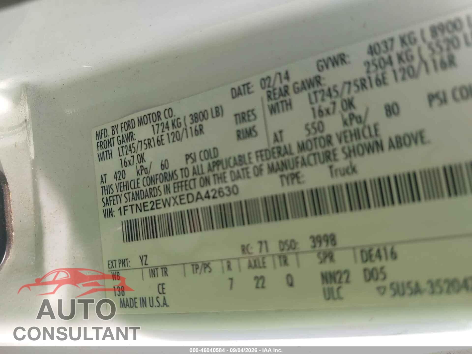 FORD E-250 2014 - 1FTNE2EWXEDA42630