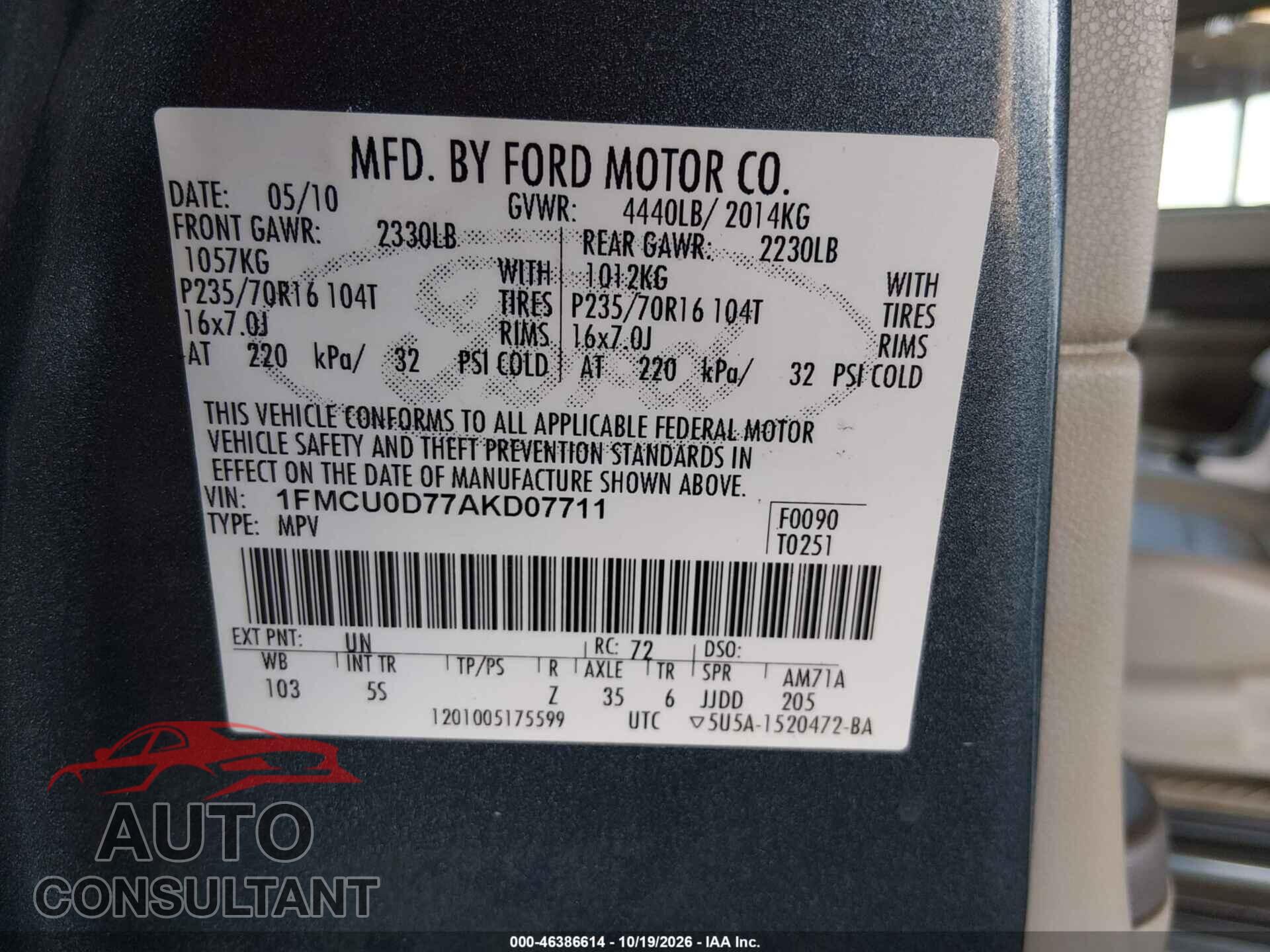 FORD ESCAPE 2010 - 1FMCU0D77AKD07711