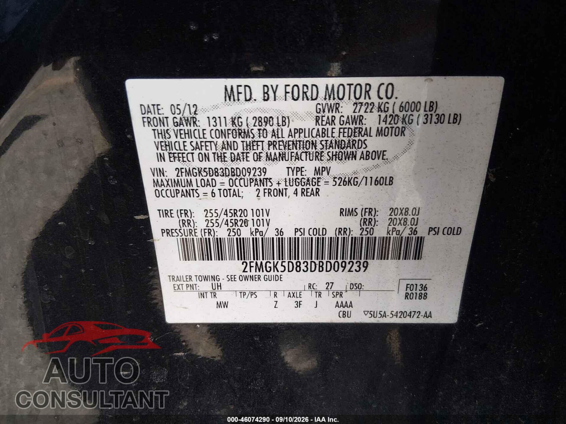 FORD FLEX 2013 - 2FMGK5D83DBD09239